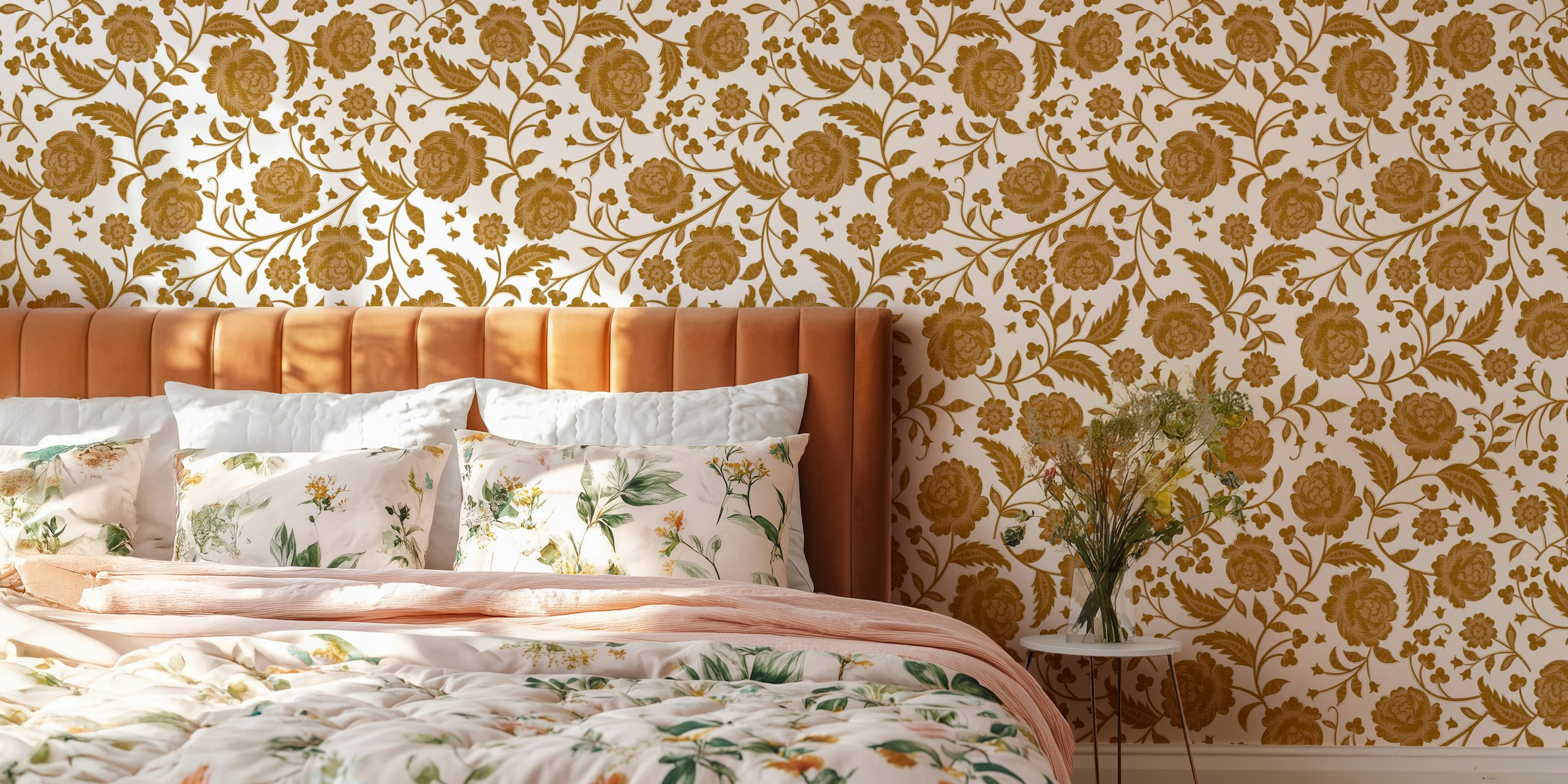Romantic Rococo Ornate Chintz Floral Gold tapetti huoneessa