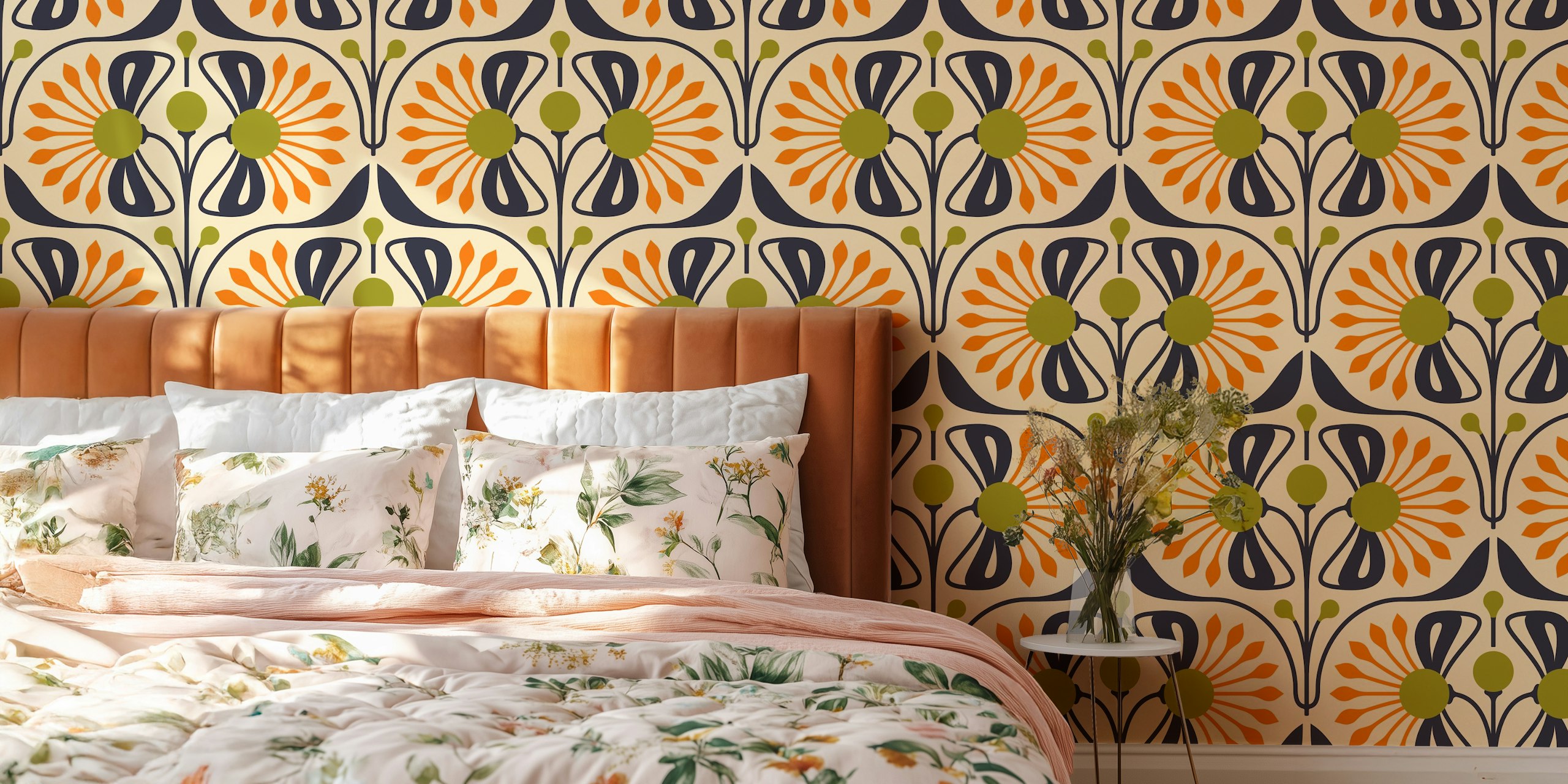 Retro blossom wallpaper i varme farver