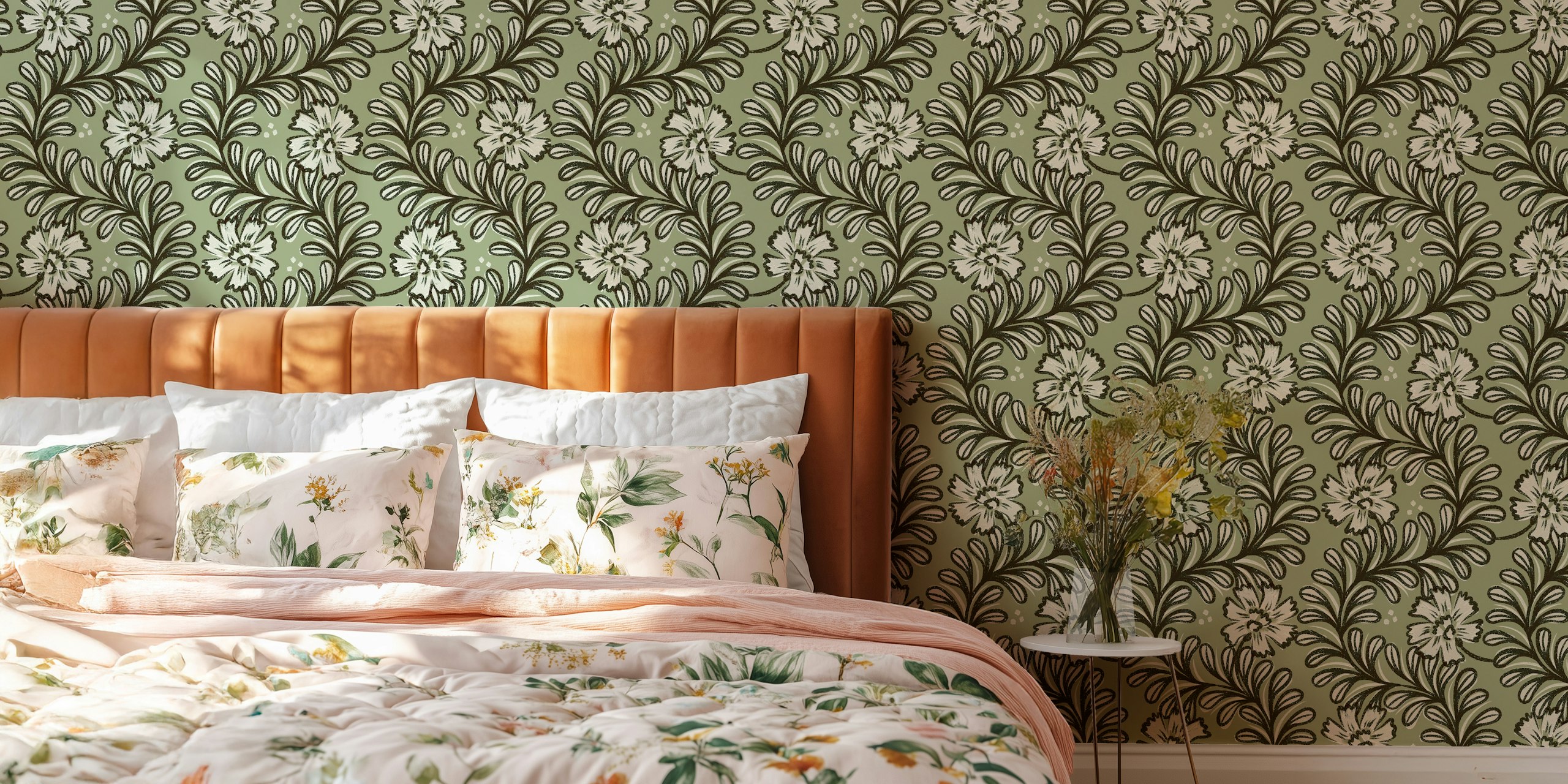 Climbing Leaves Floral Stripes wallpaper in room