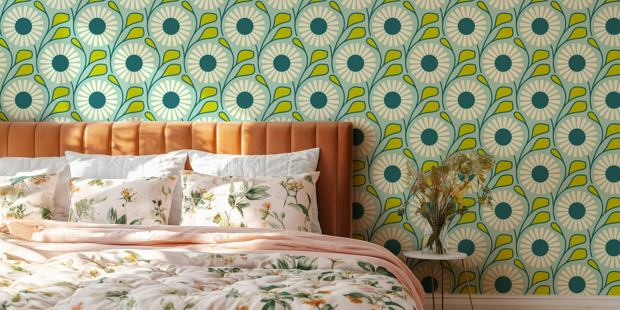 Teal green wallpaper featuring white daisies and green leaves in retro style