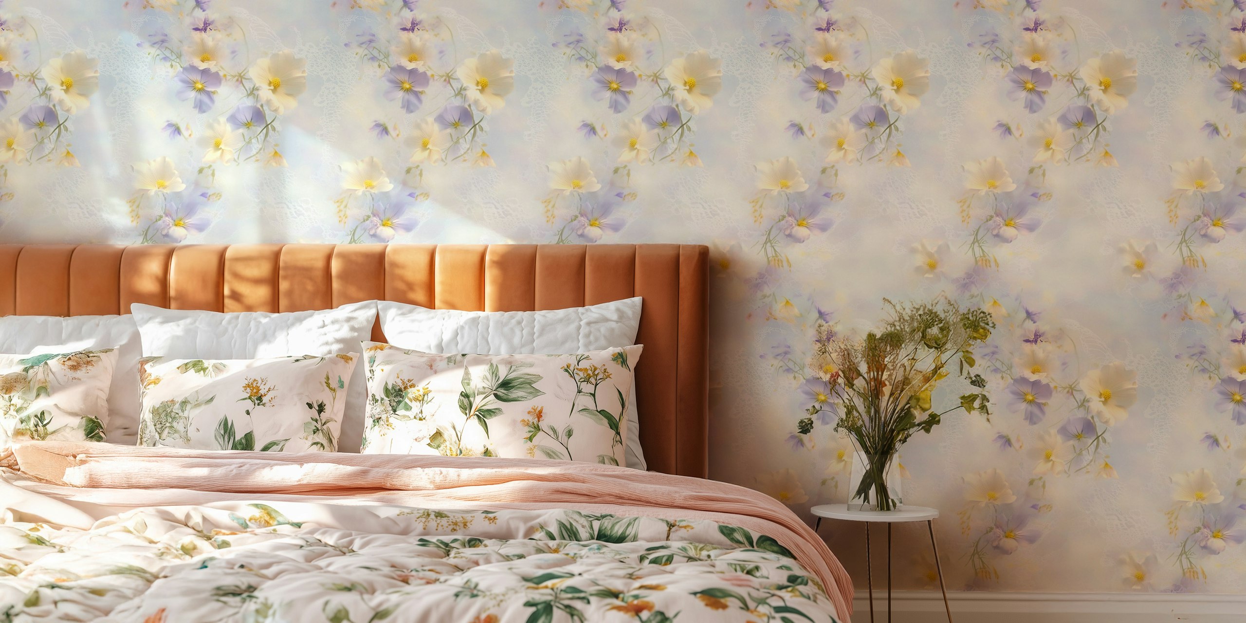Pastel floral design with soft blossoms and delicate lace wallpaper
