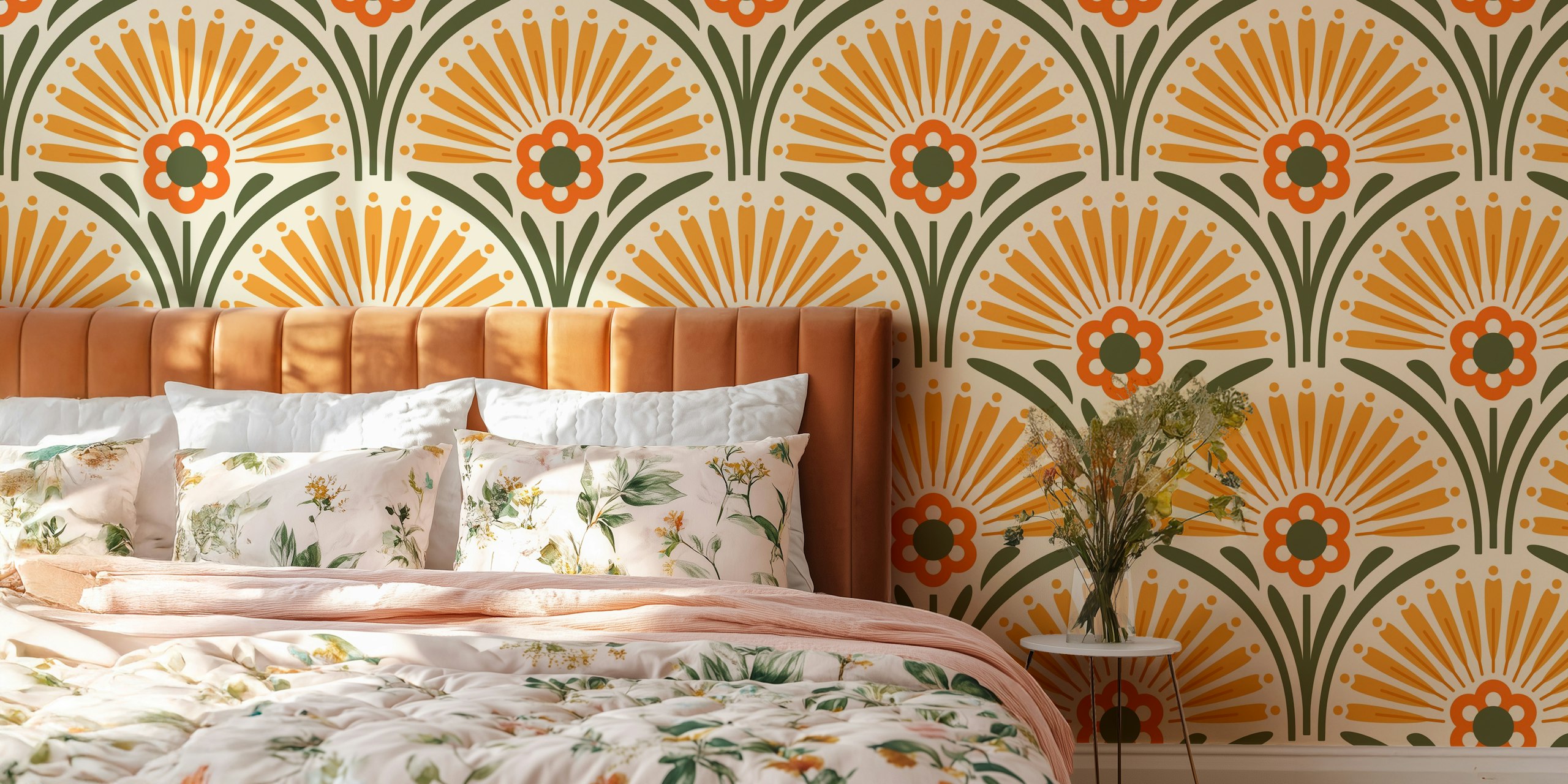 Vintage Floral Scallop wallpaper in a room