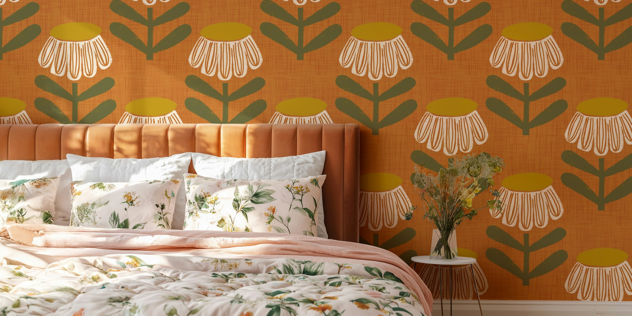 Retro Floral Burnt Orange behang in een kamer