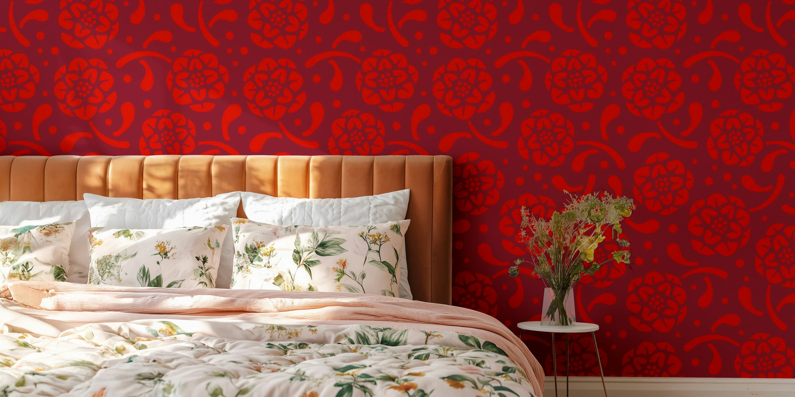 Red floral pattern with swirling designs on a cherry red background wallpaper