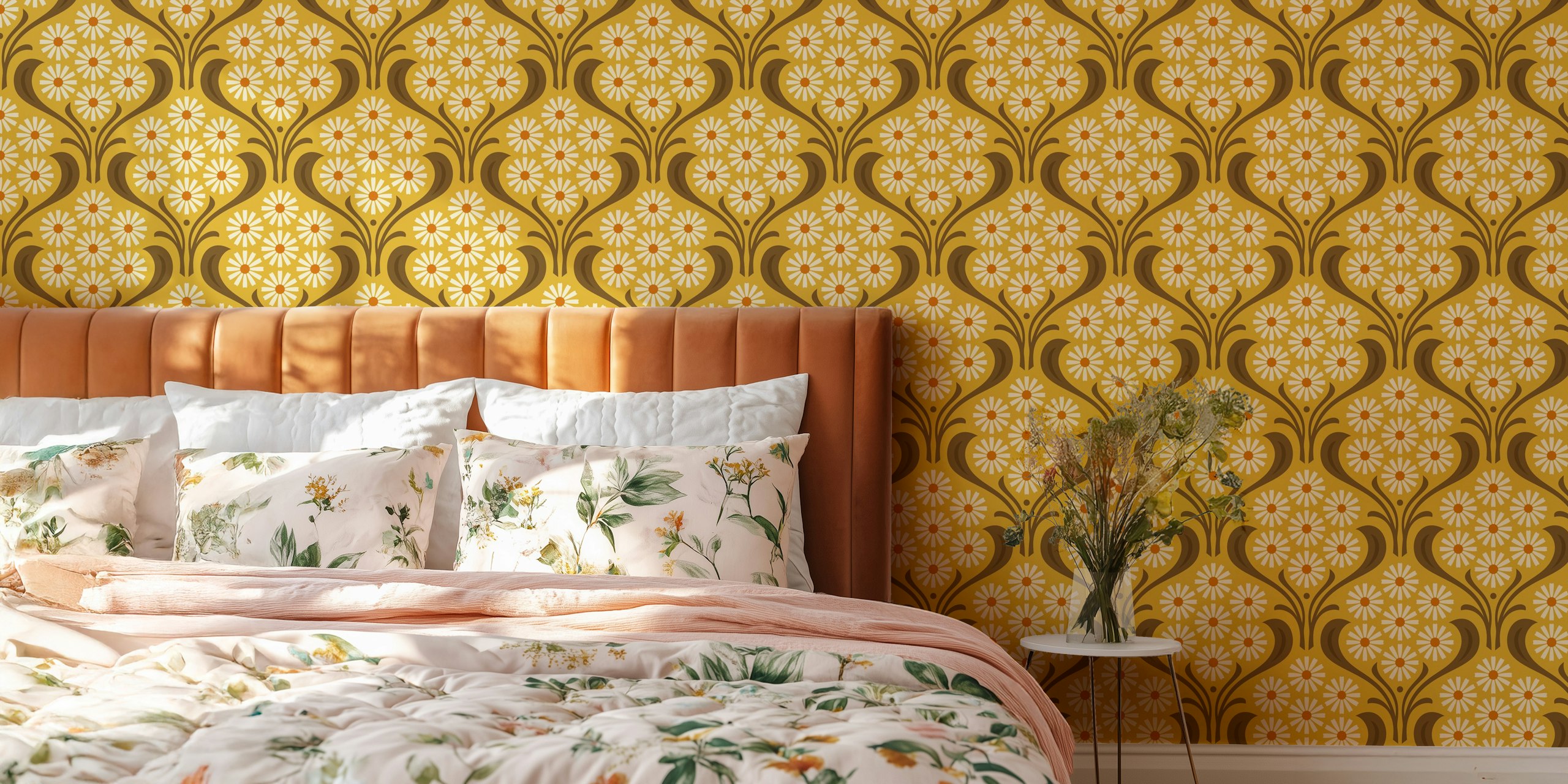 Vintage Daisy Delight in Yellow ταπετσαρία σε ένα δωμάτιο
