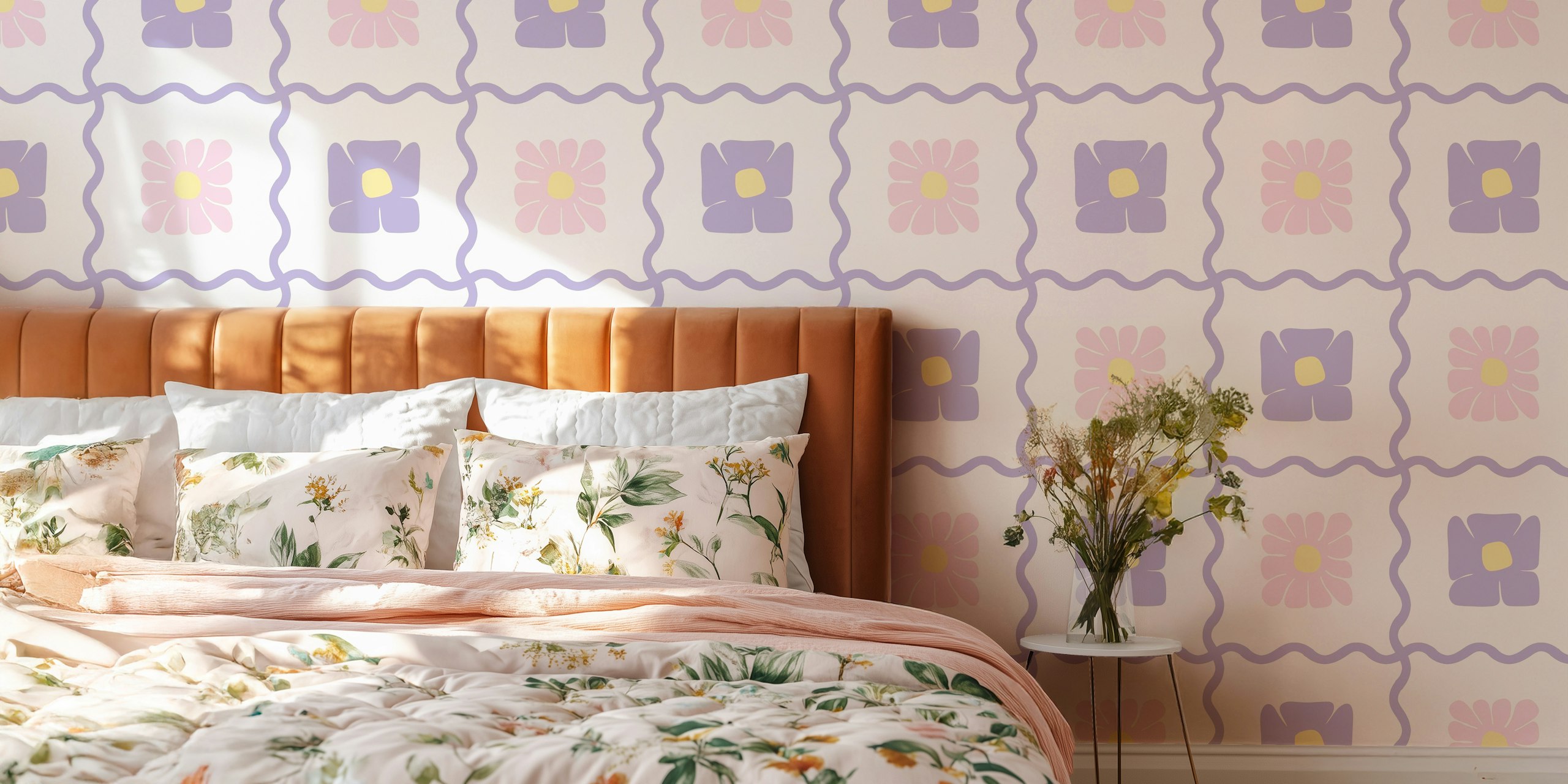 Floral Wavy Checker Lilac wallpaper in a room