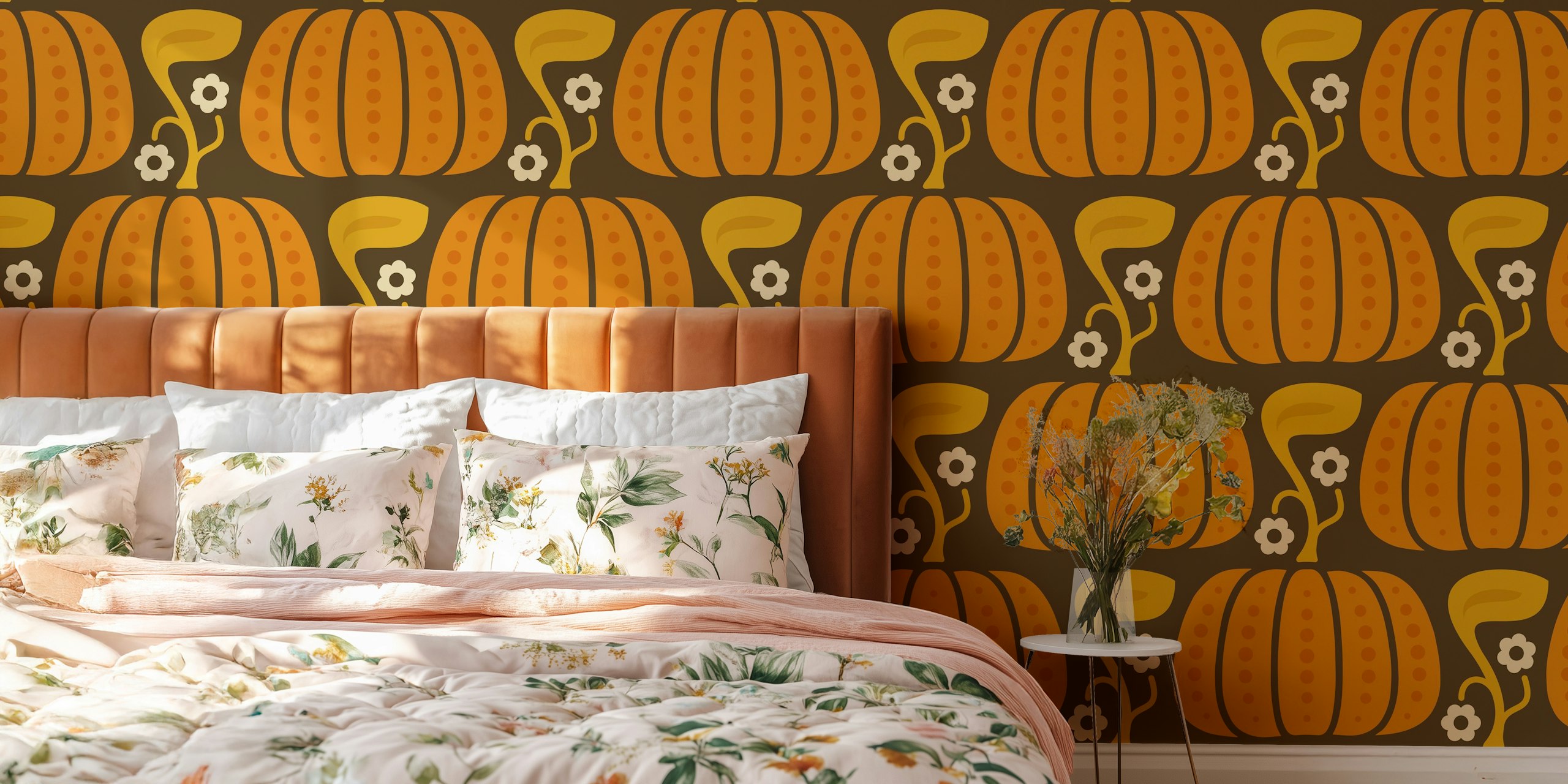 Orange and brown pumpkin wallpaper with flower motifs