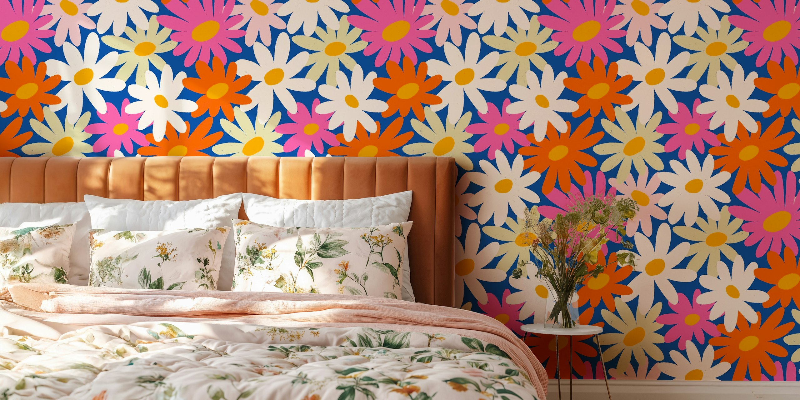 Colorful flower power party wallpaper in a room