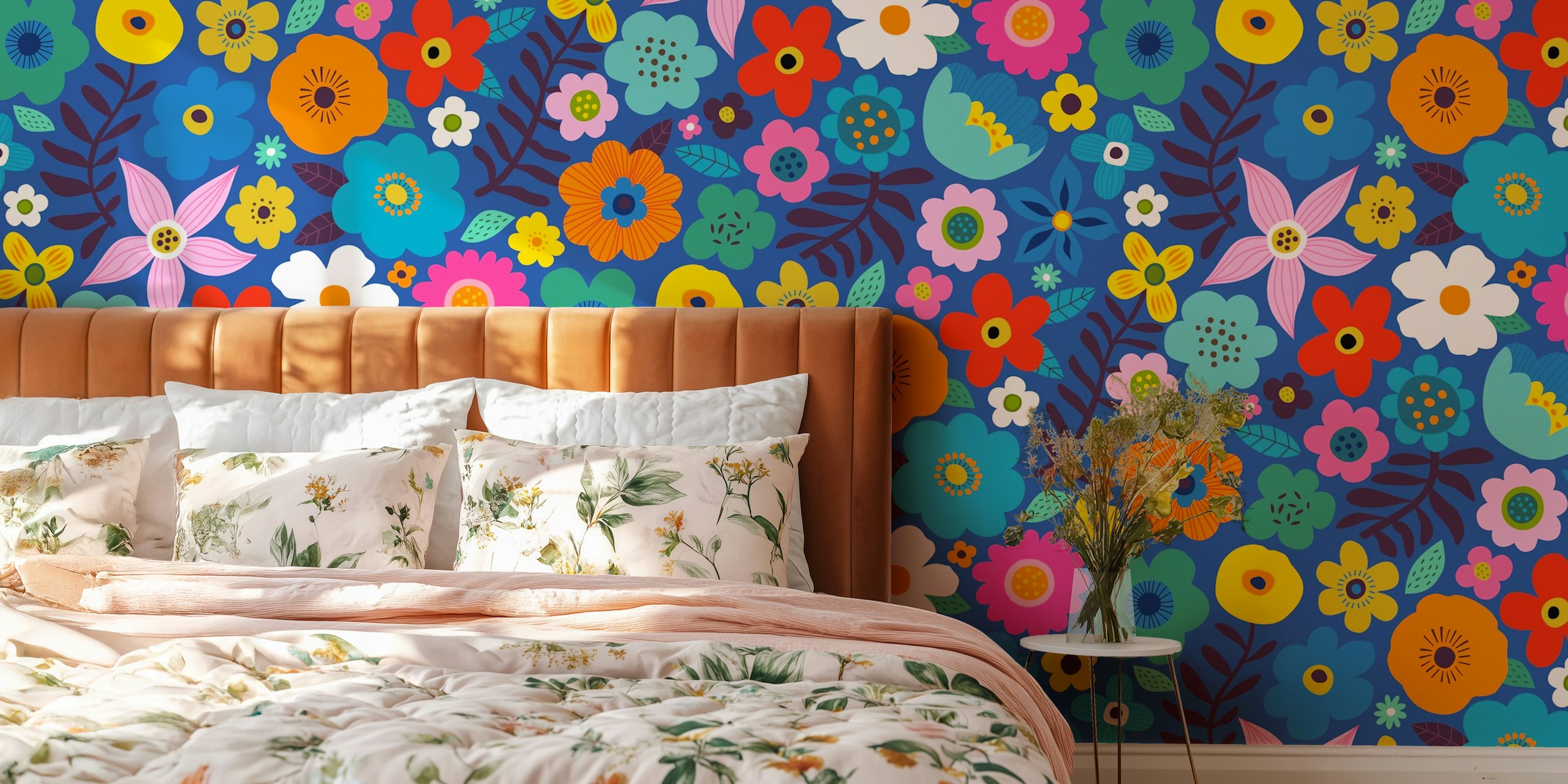 Design de papel de parede floral em um quarto colorido