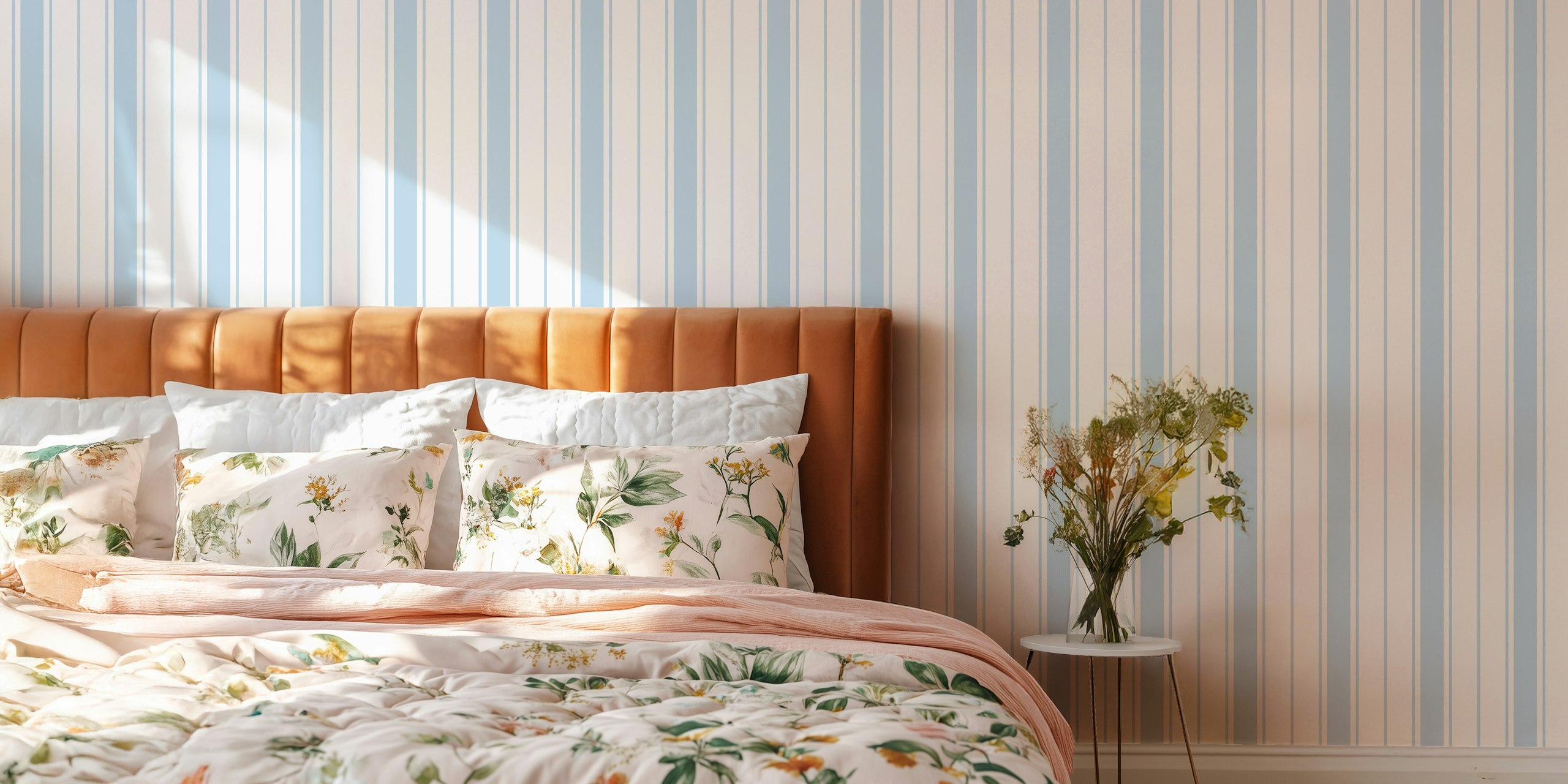 Blue and white striped wallpaper in a room