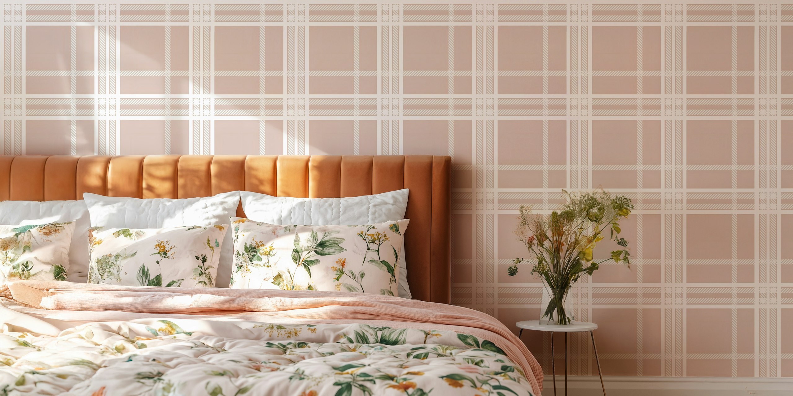 Tartan pattern wallpaper in soft pink and white colors.