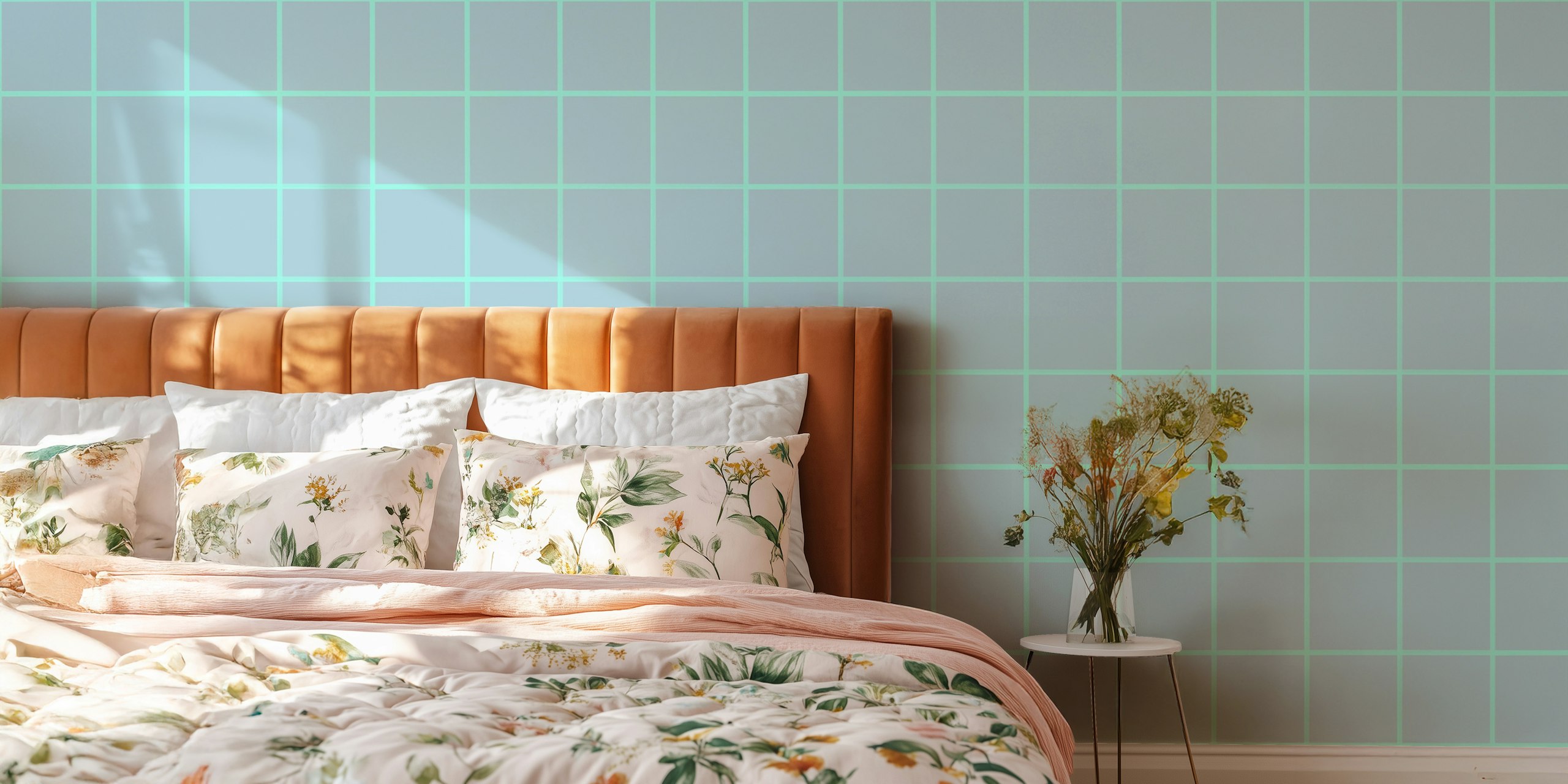 Blue gray mint grouted tiles wallpaper in a room