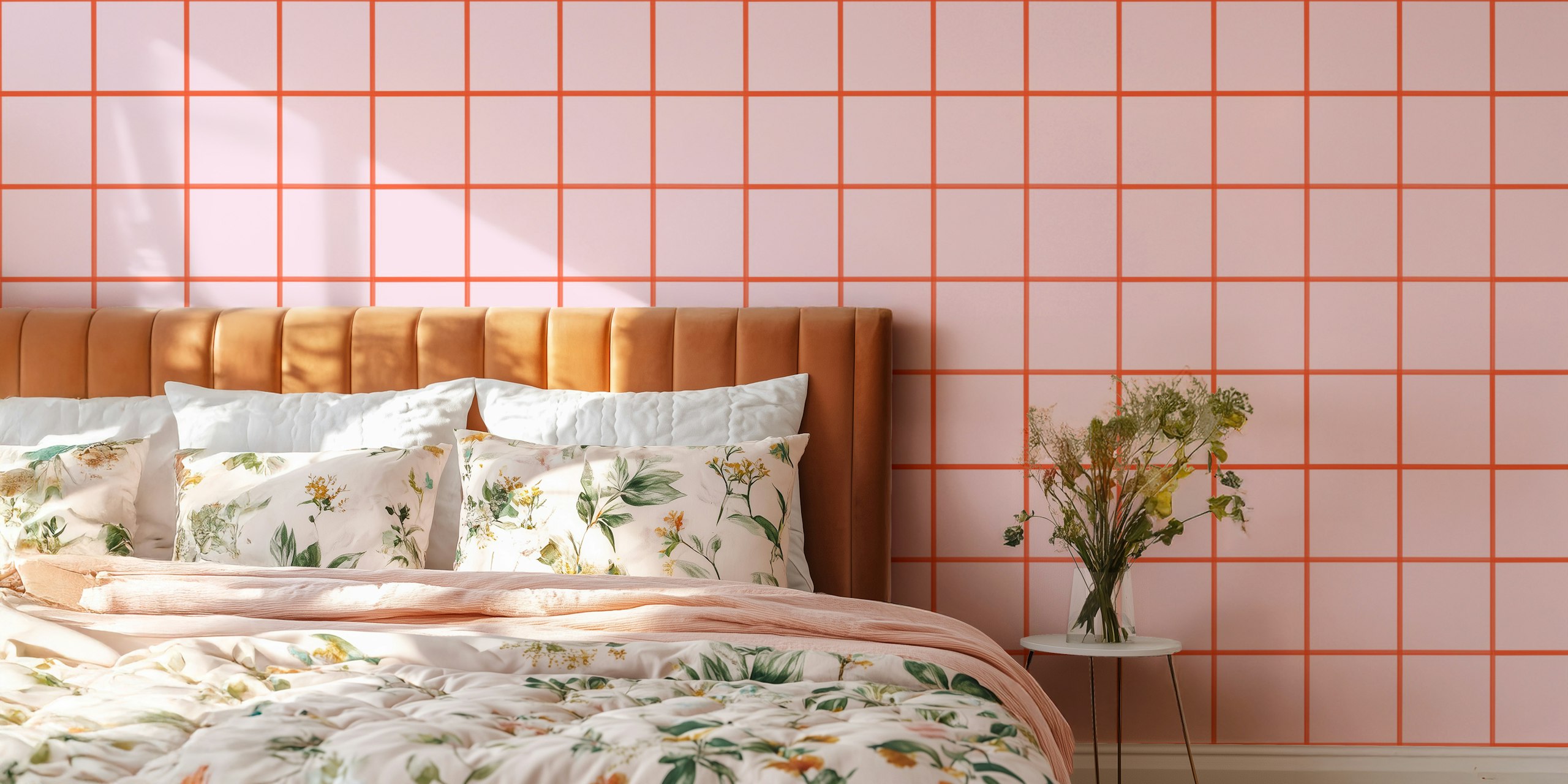 Light pink and red grouted tile wallpaper