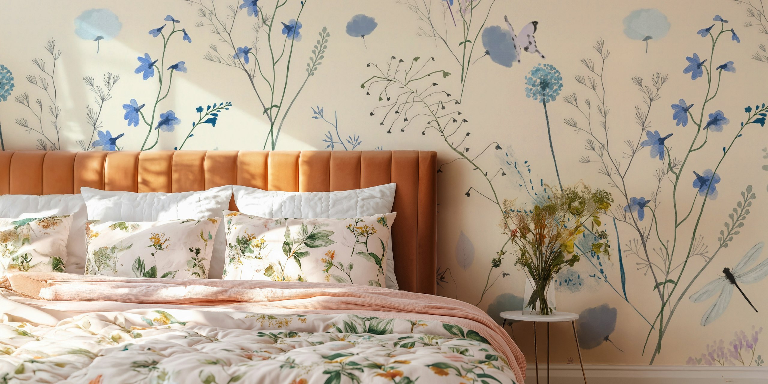 Blue wildflowers and dragonfly illustration on cream wallpaper