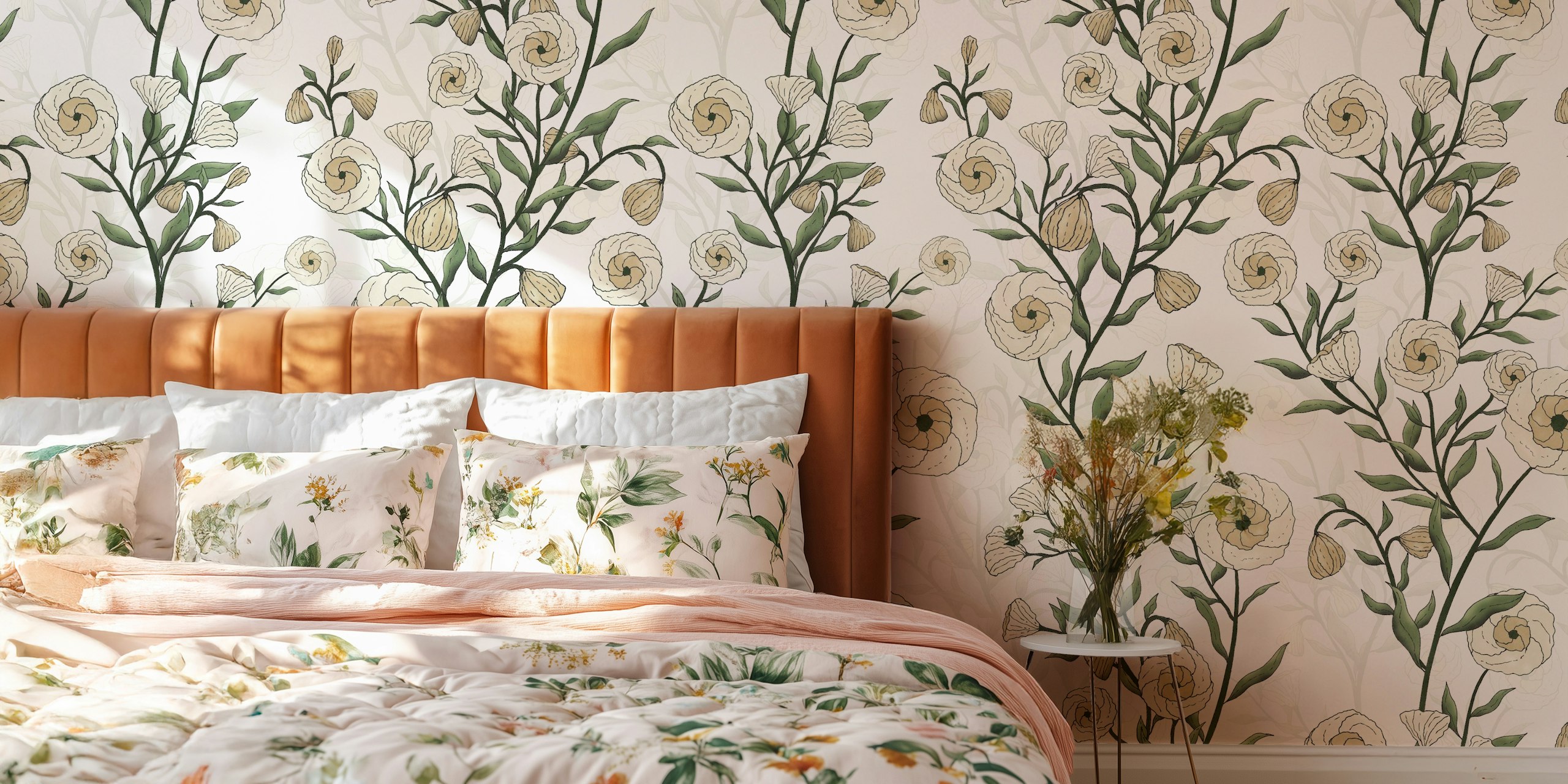 Floral design with spiraled white flowers and green leaves wallpaper