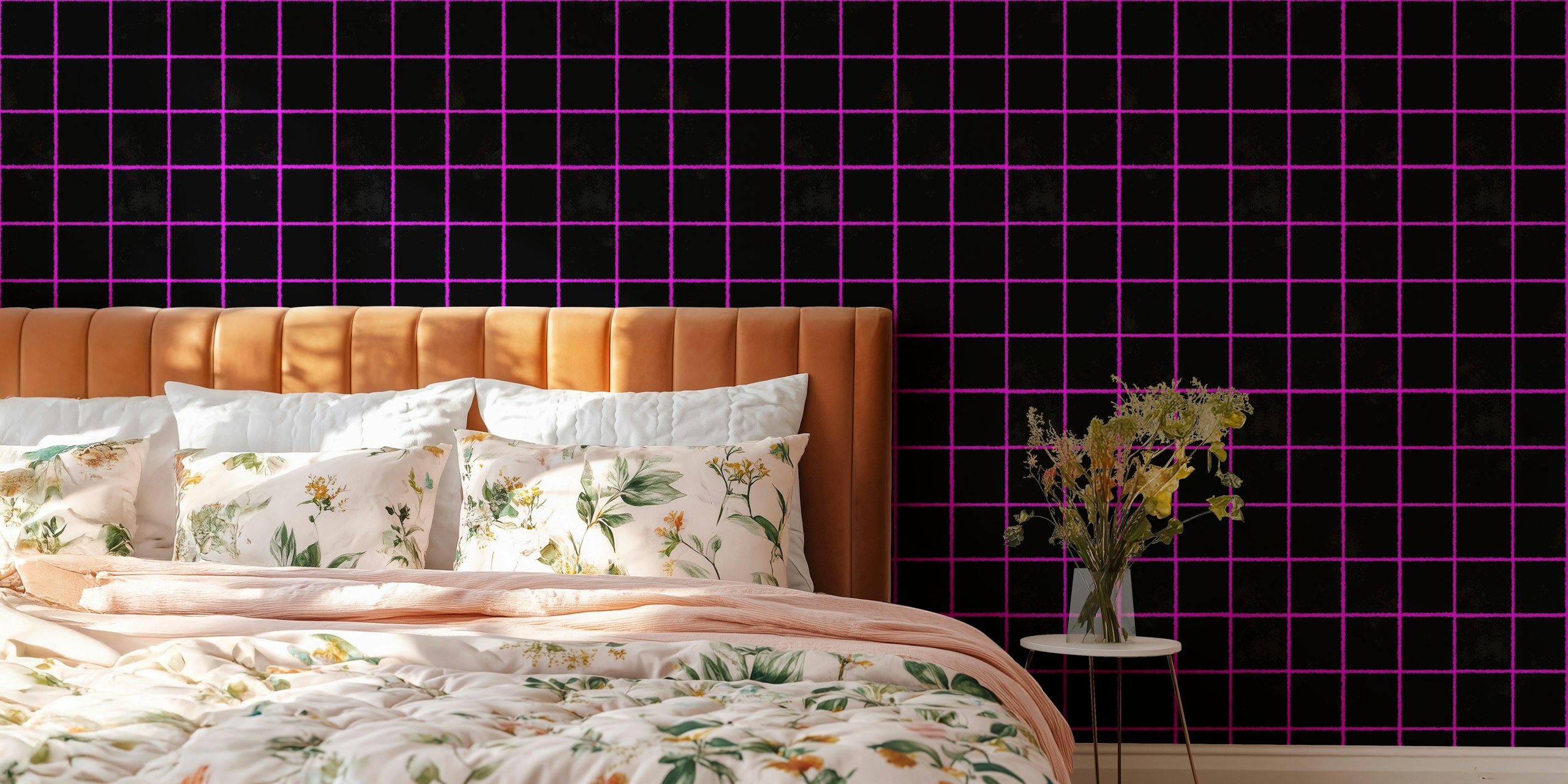 Black gridlines with pink outlines modern wallpaper