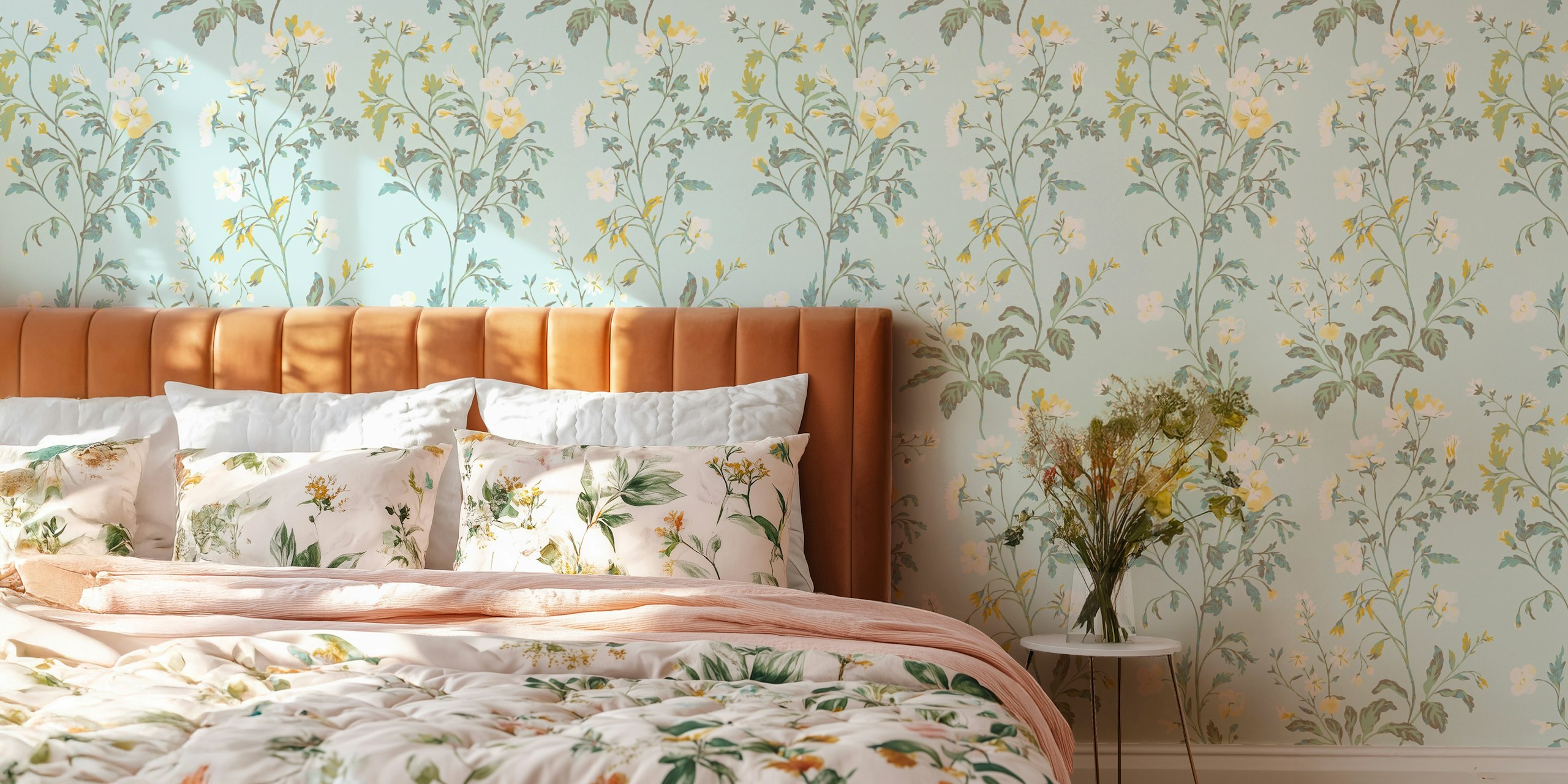 Pastel floral wallpaper with yellow and white flowers on blue background