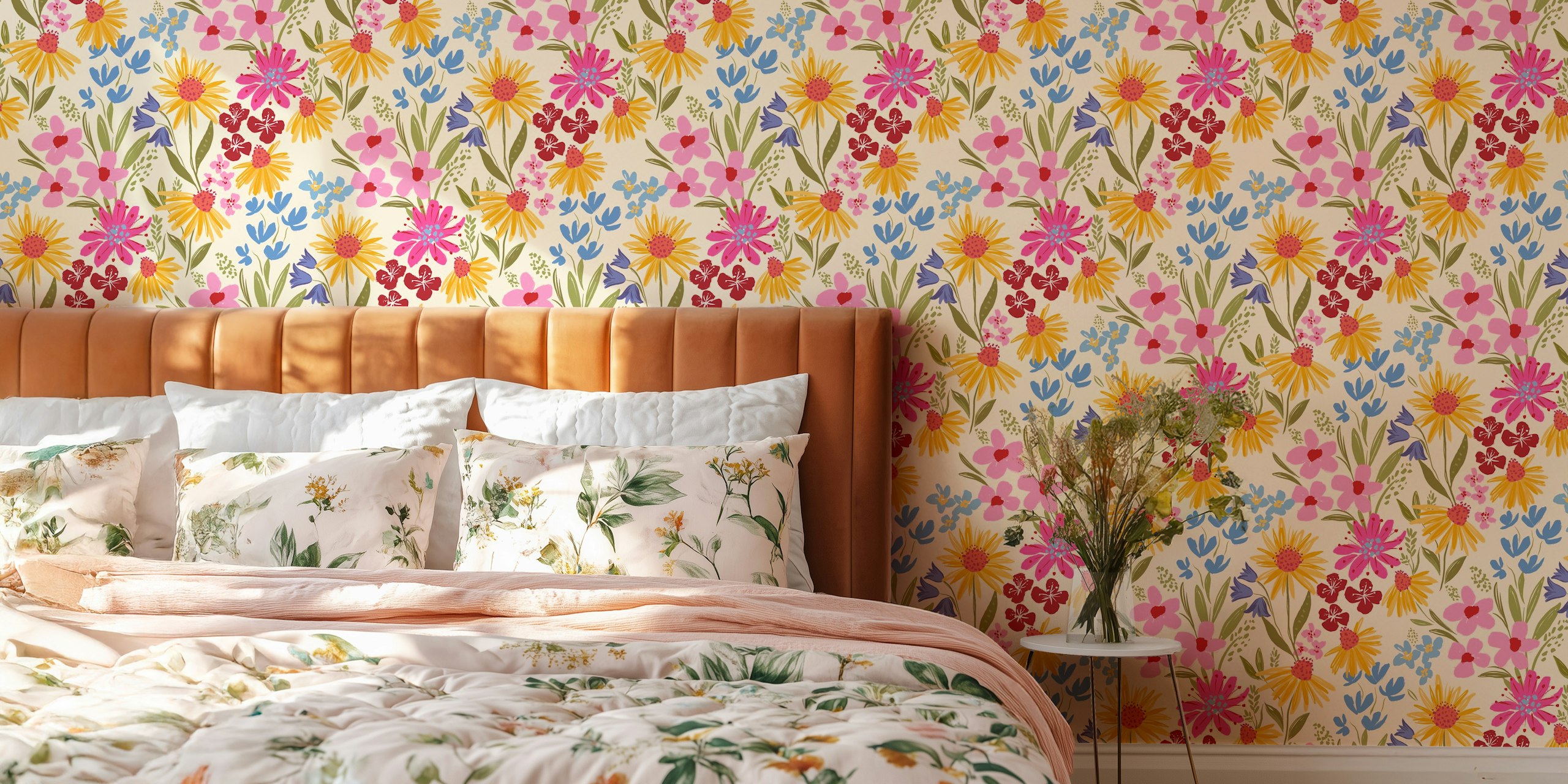 Colorful flowers in pink, yellow, and blue patterns wallpaper
