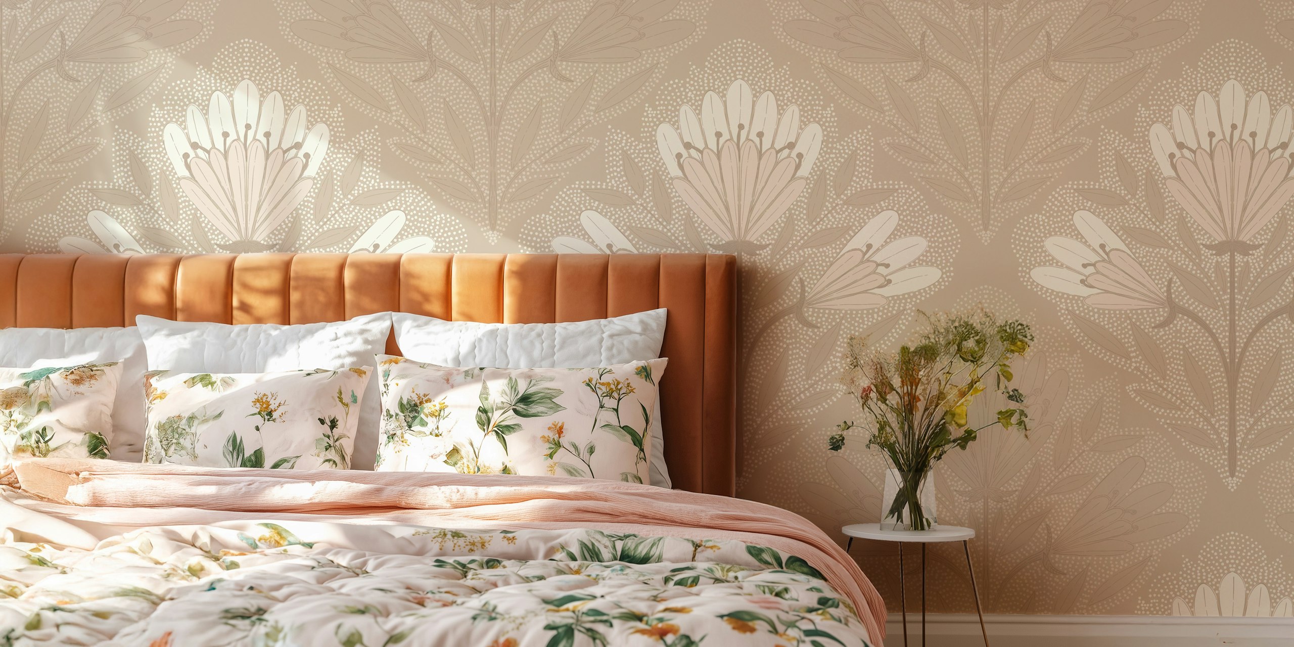 Floral pattern with soft neutral colors, delicate flowers and leaves wallpaper