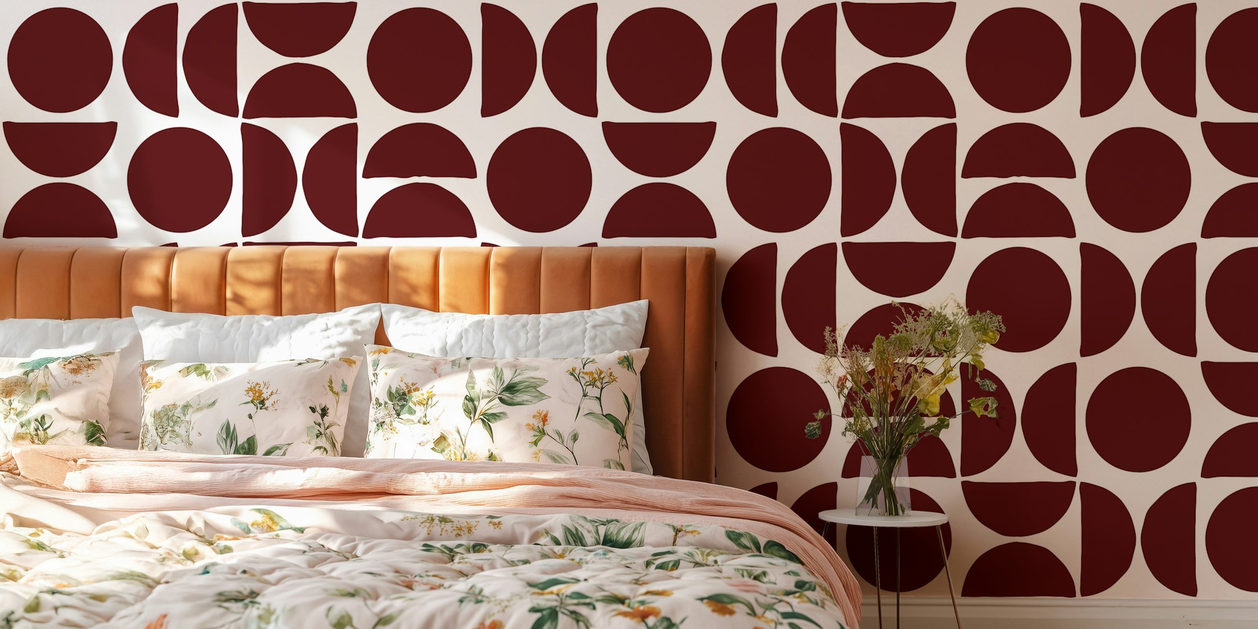 Trendy burgundy circle shapes wallpaper in room
