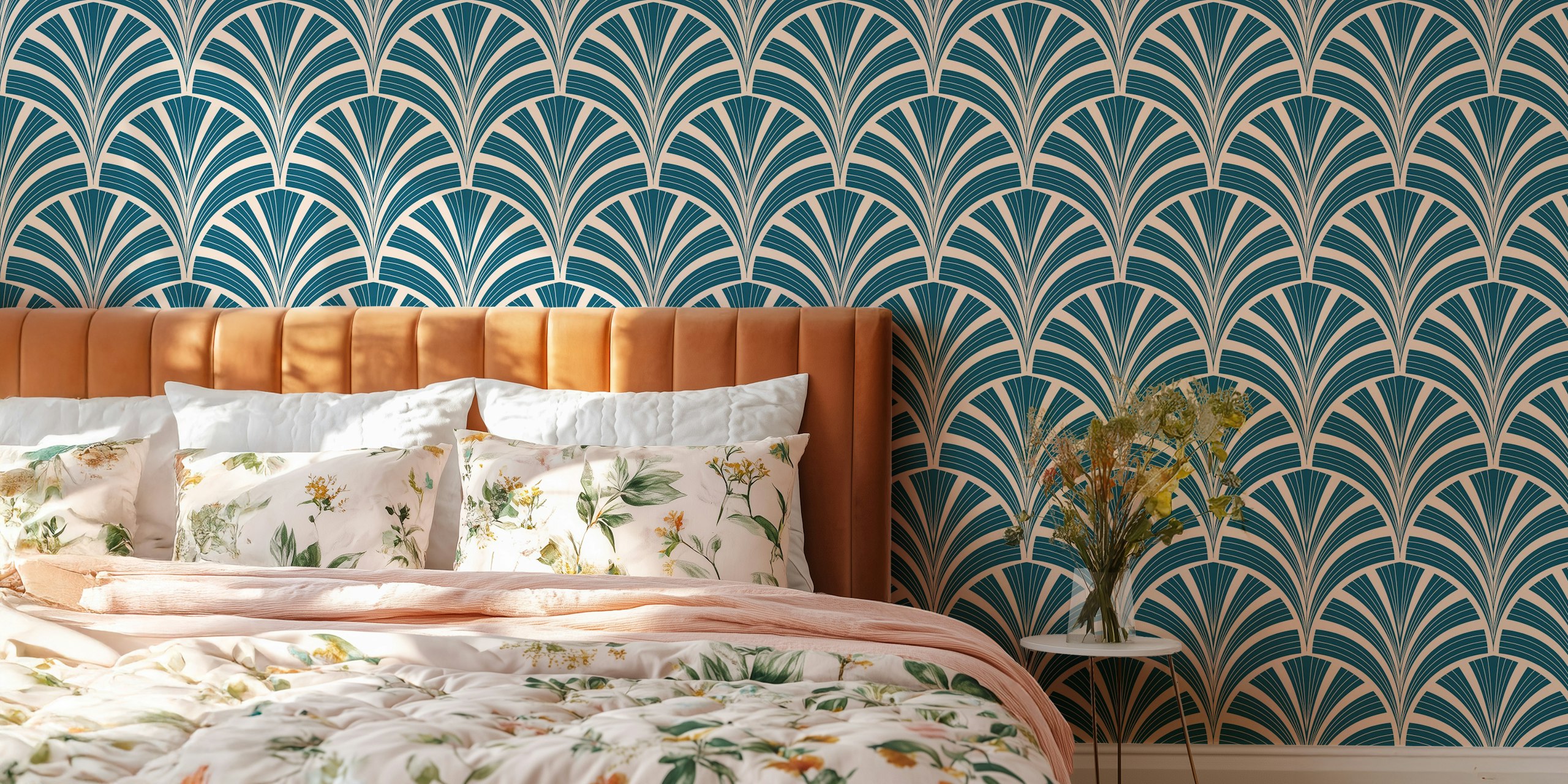 Art Deco palm frond design in peacock blue and blush pink wallpaper