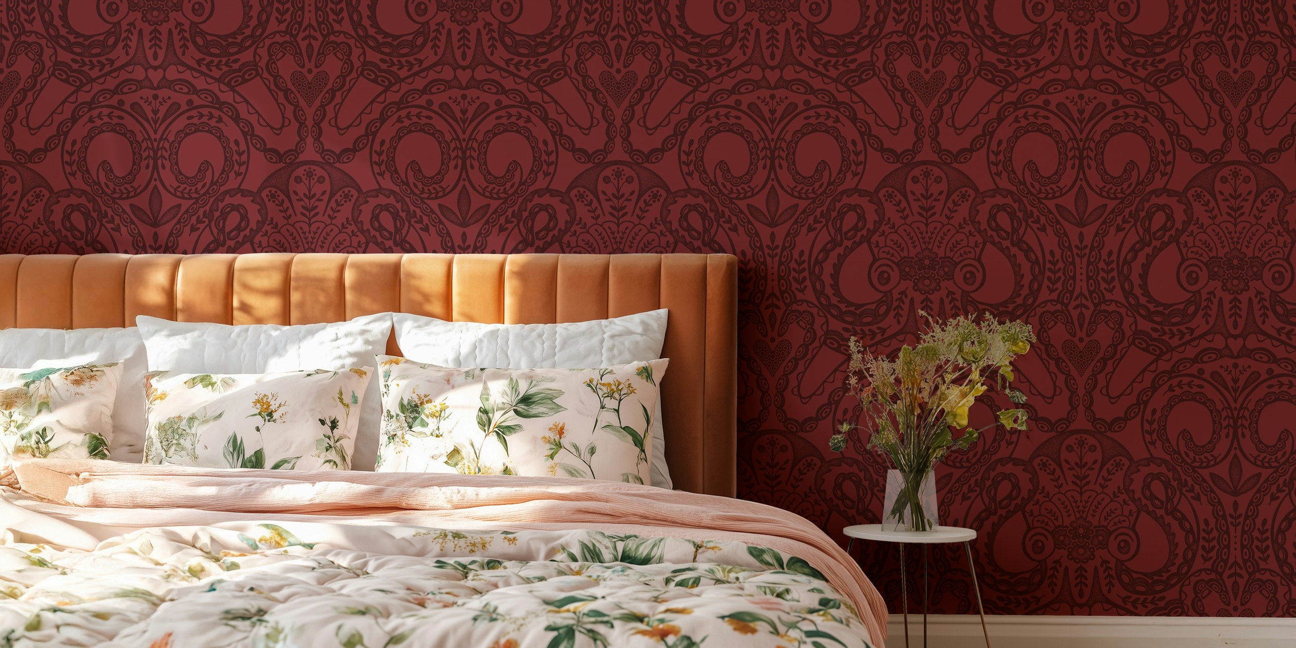 Burgundy folk octopus damask wallpaper with intricate patterns