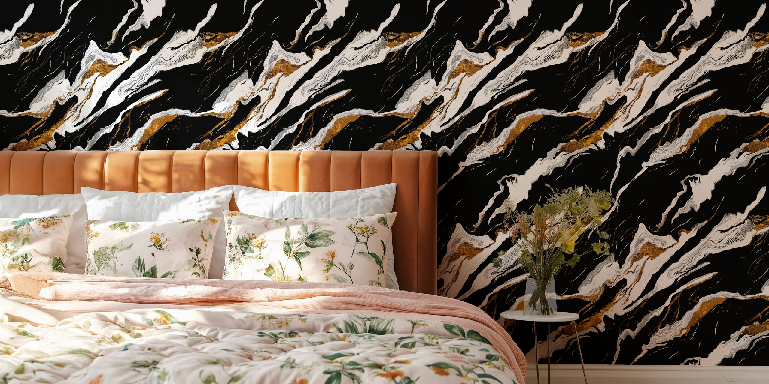Black marble wallpaper with white and golden veins