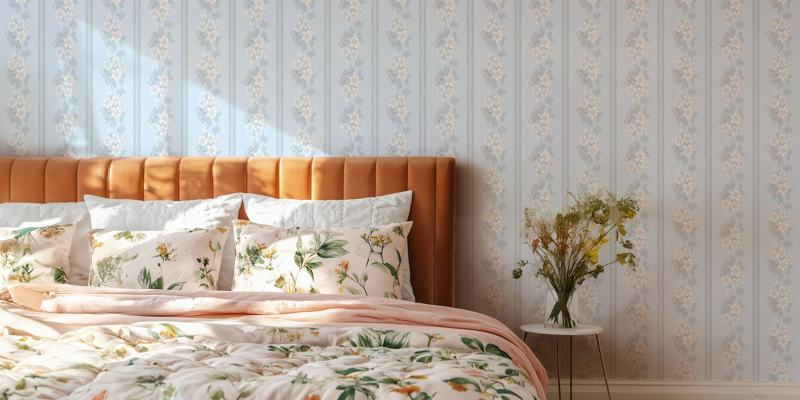 Floral stripe wallpaper u svijetlop Plavoj sobi