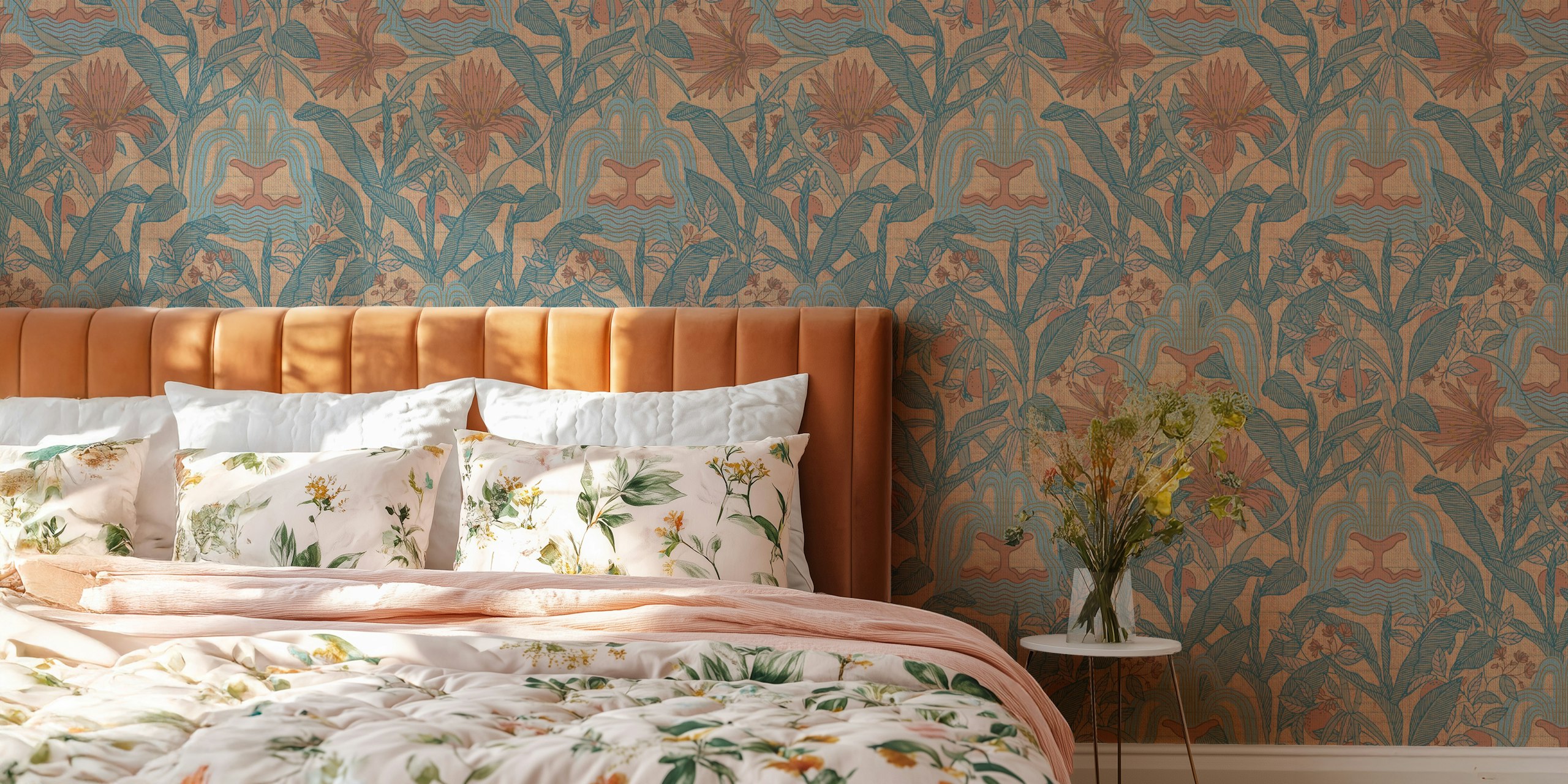 Bohemian floral wallpaper with earthy tones and flowing patterns