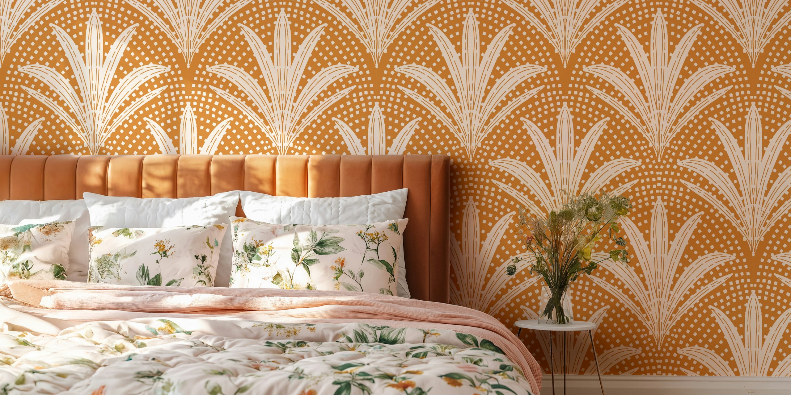 Boho rustic palm wallpaper viihtyisässä huoneessa