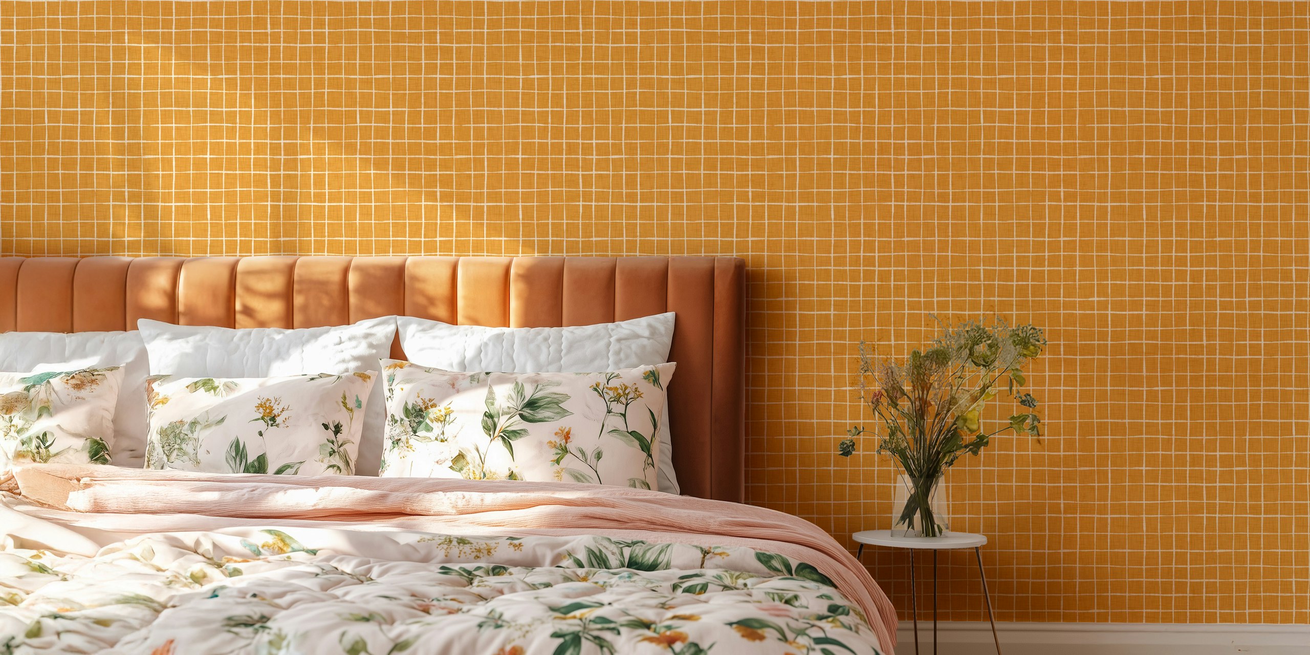 Papel pintado con patrón de cuadrícula naranja en una habitación