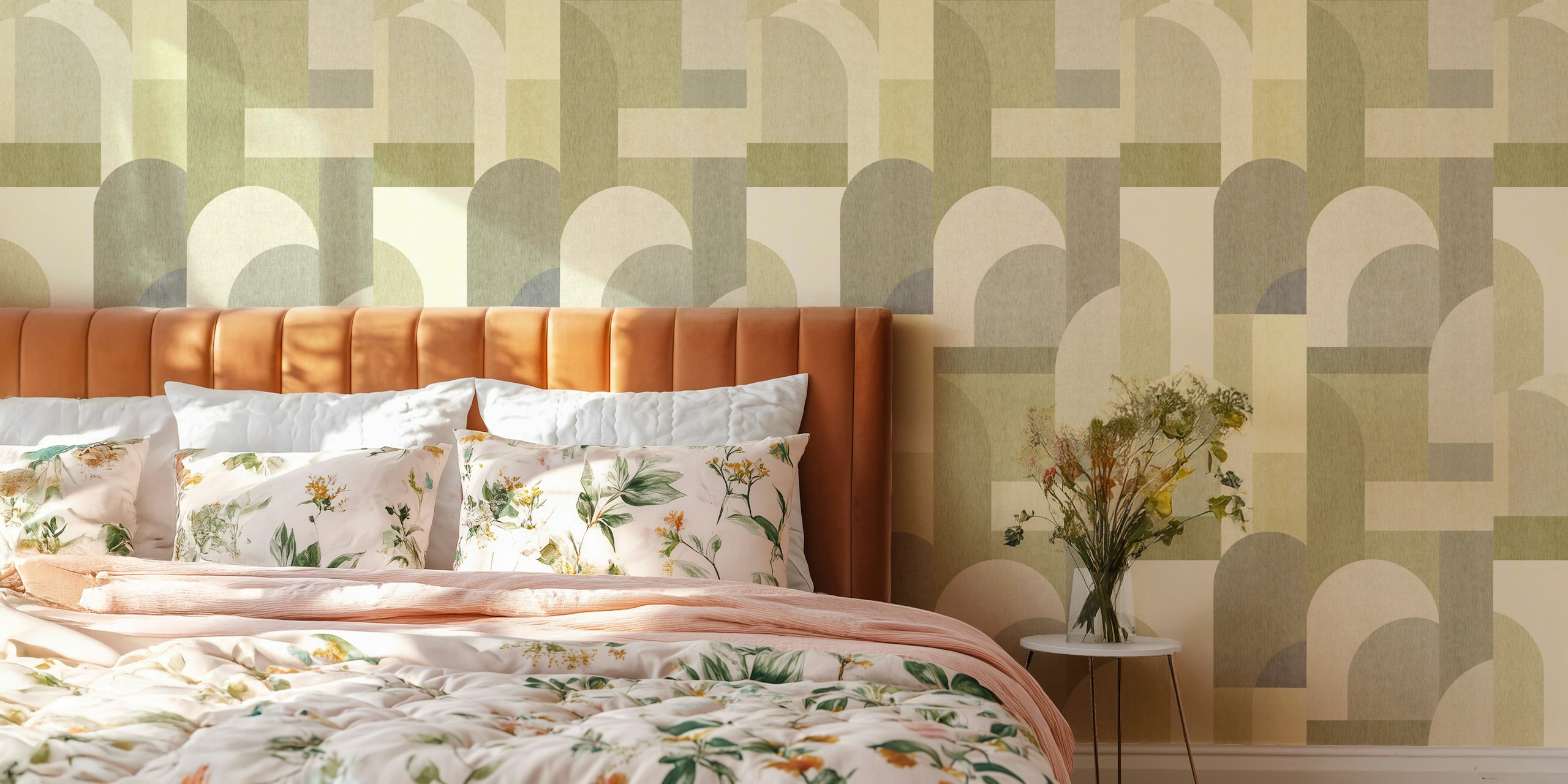 Soft green geometric wallpaper in a room