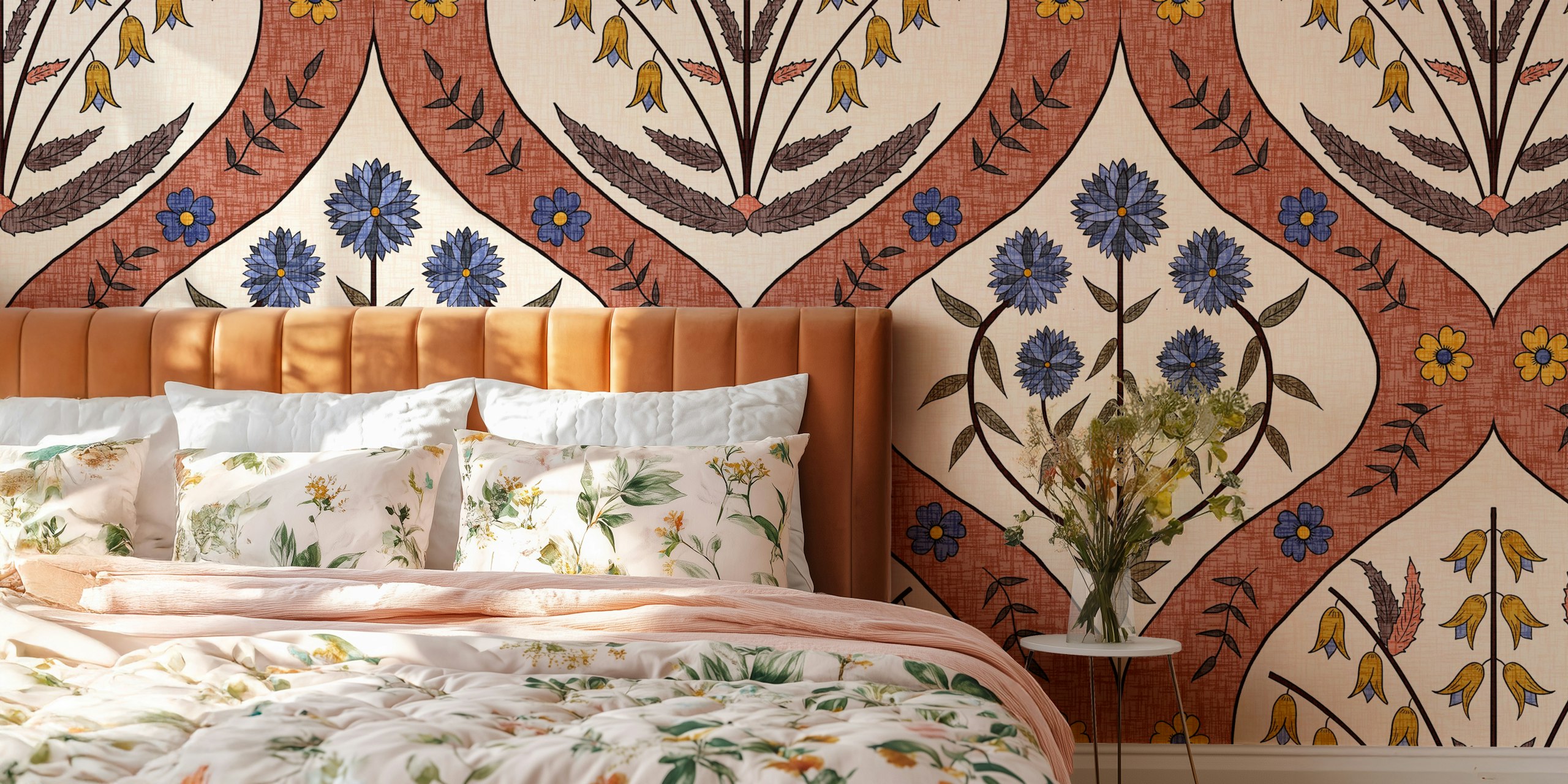 Floral pattern with blue flowers and terra cotta background wallpaper