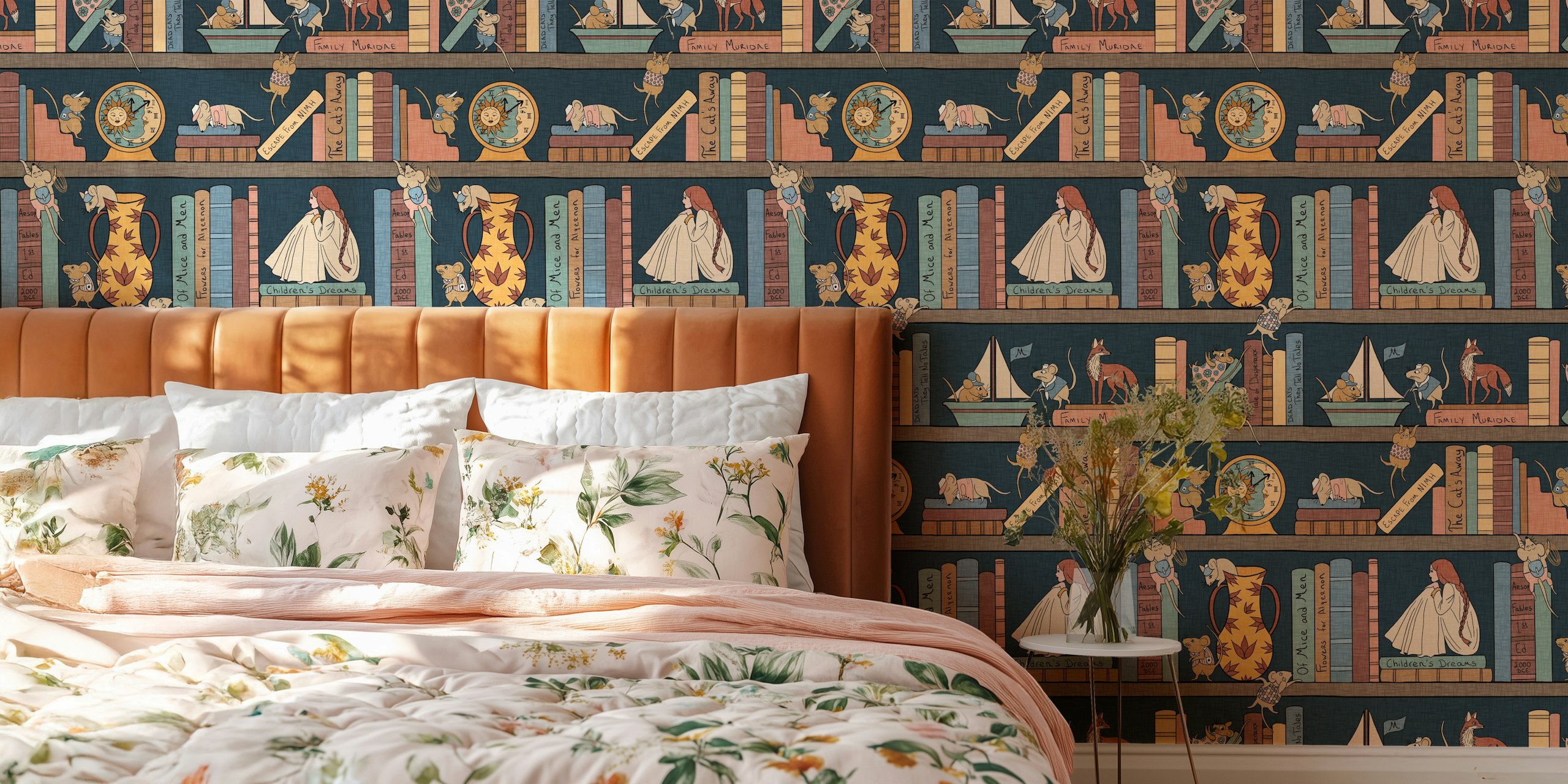 Whimsical wallpaper featuring playful mice and books