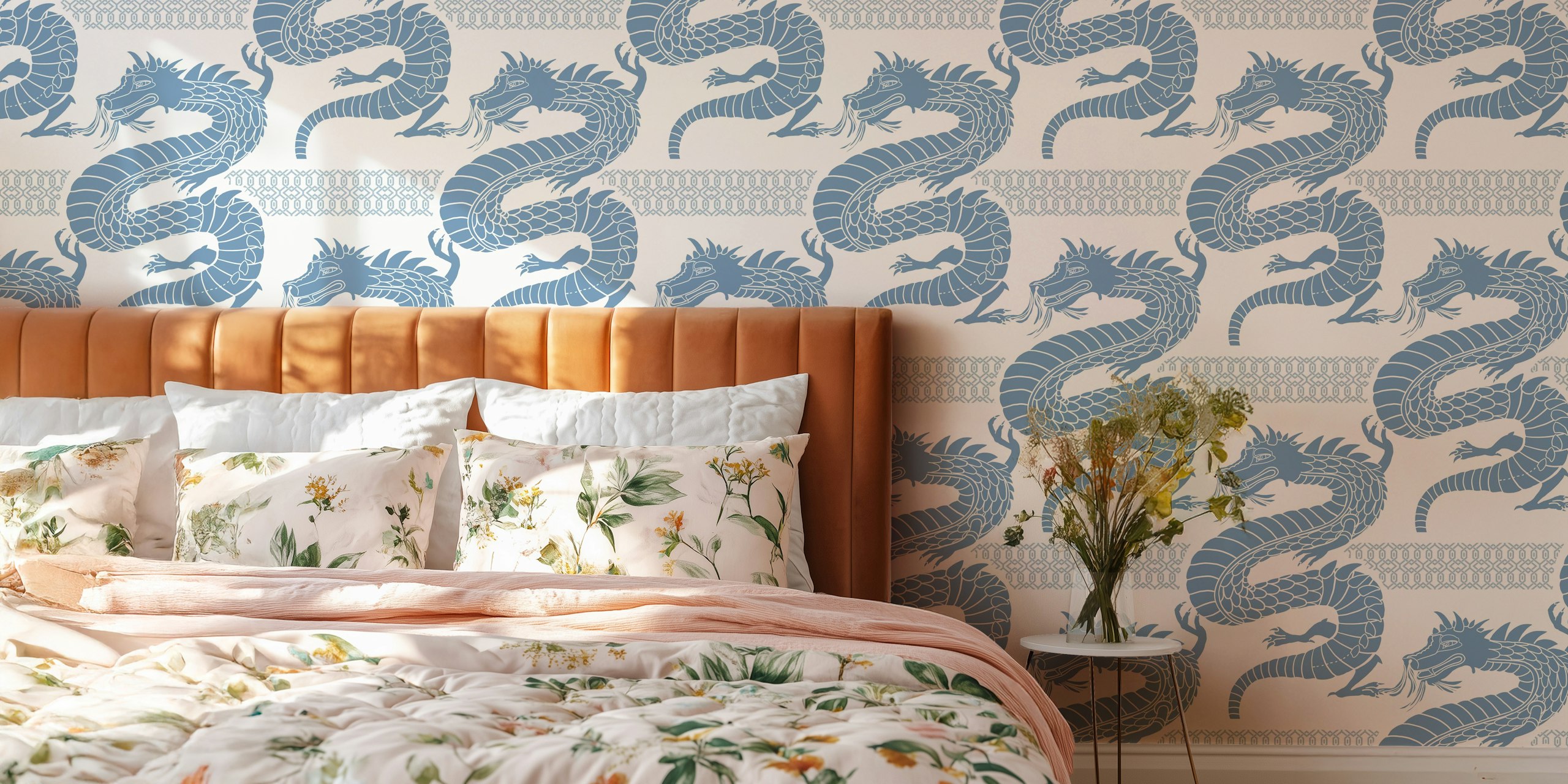 Blue dragon pattern on light background wall mural