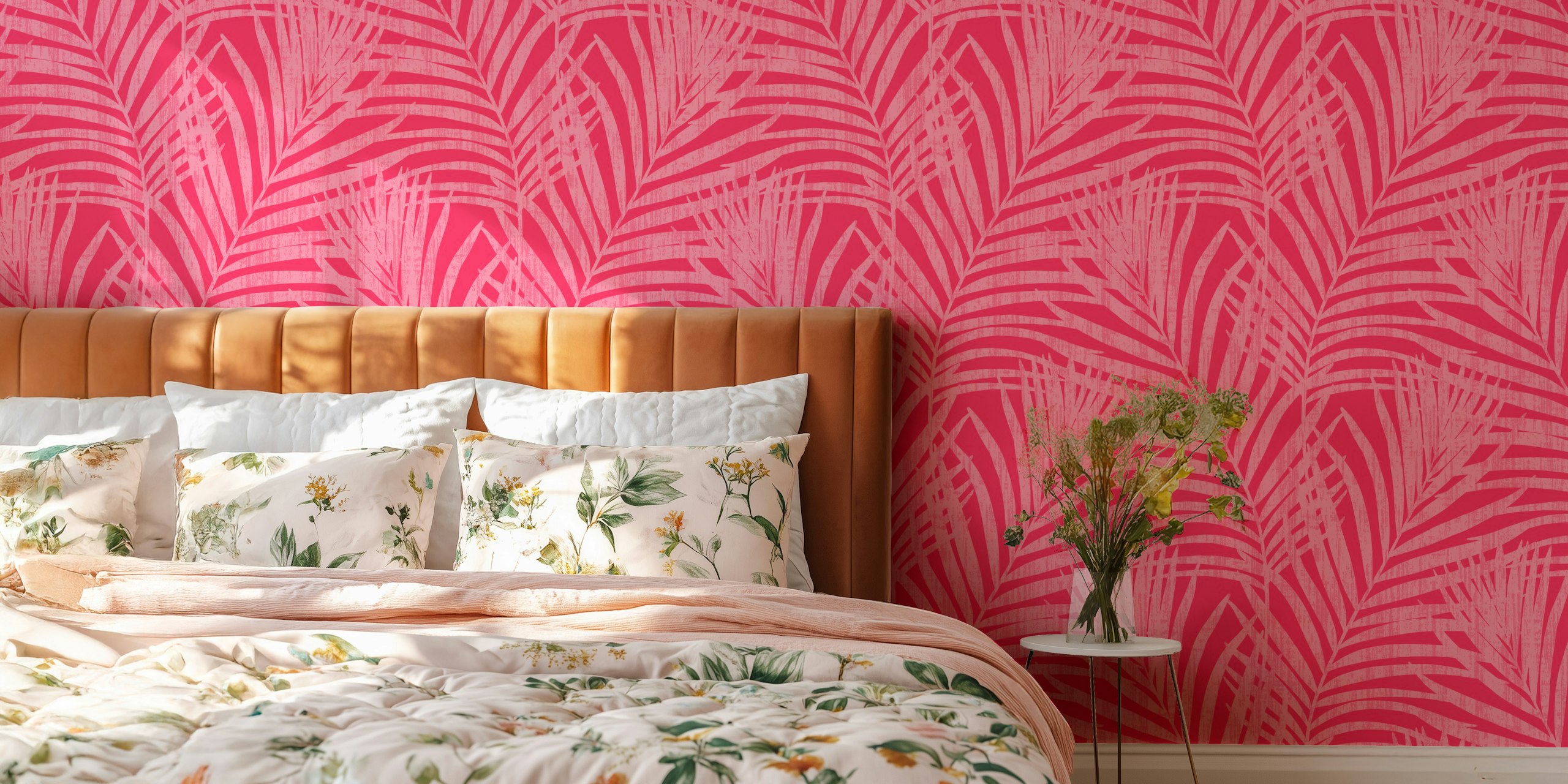 Pink tropical palm leaves in a textured pattern wallpaper