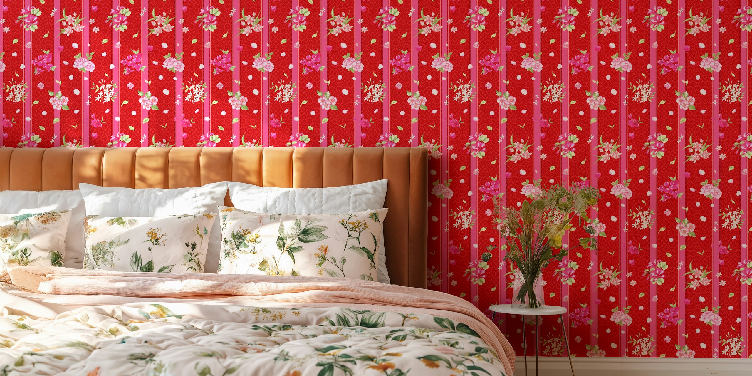 Pink floral pattern with stripes and polka dots wallpaper