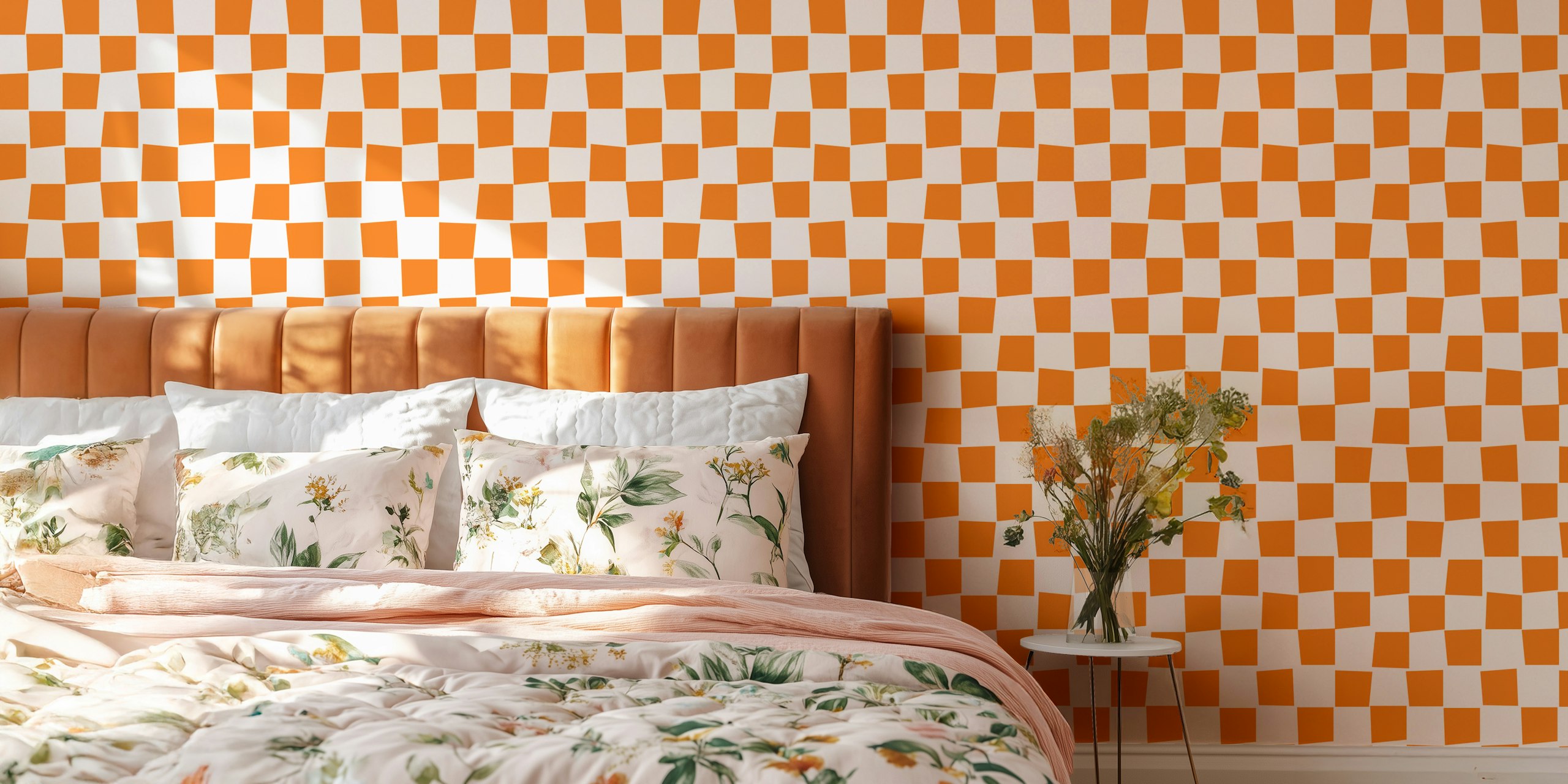 Orange checkerboard wallpaper in a room