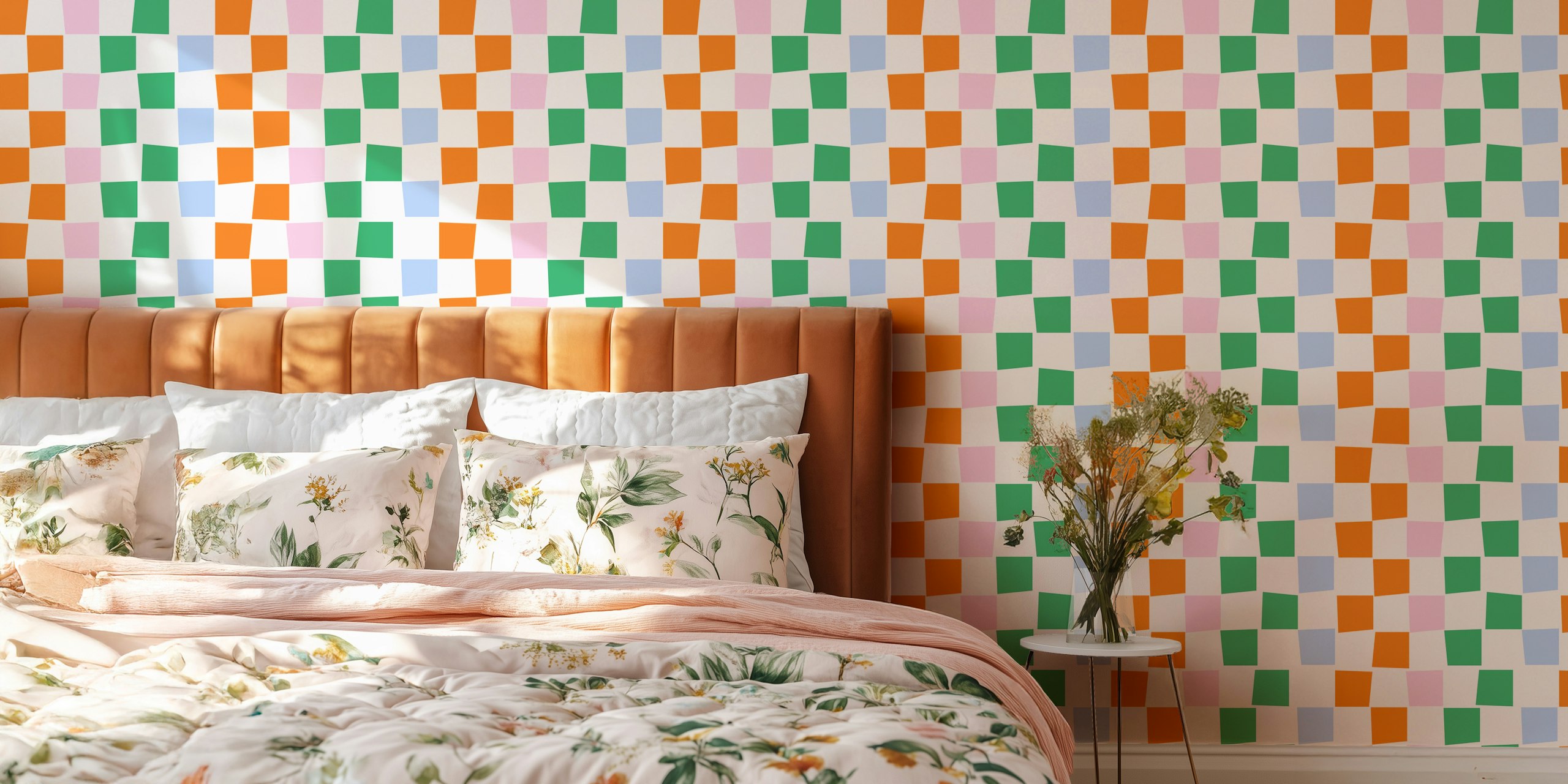 Colorful patchwork wallpaper in a room