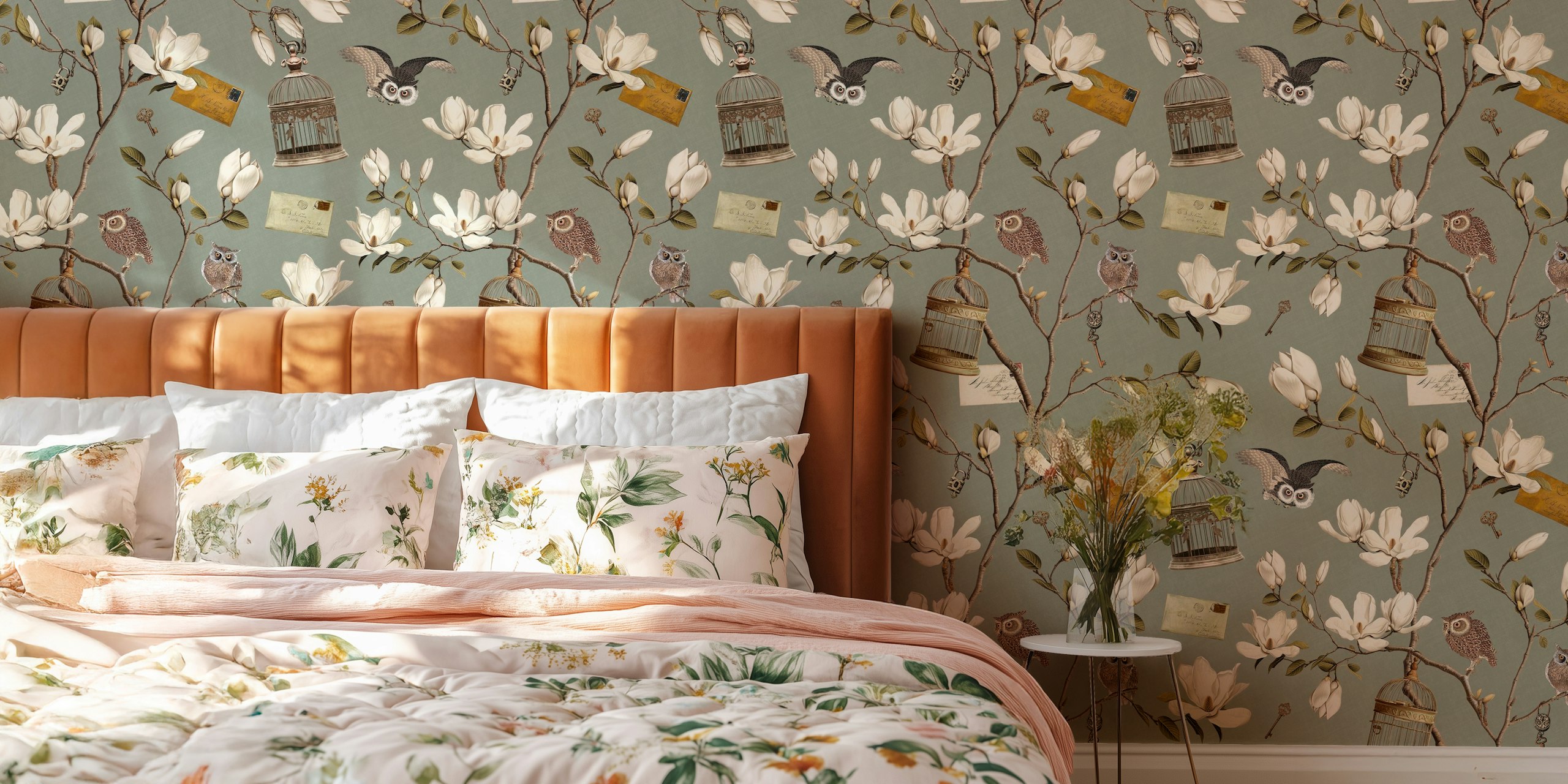 Magnolia branches with owls and vintage elements in green wallpaper