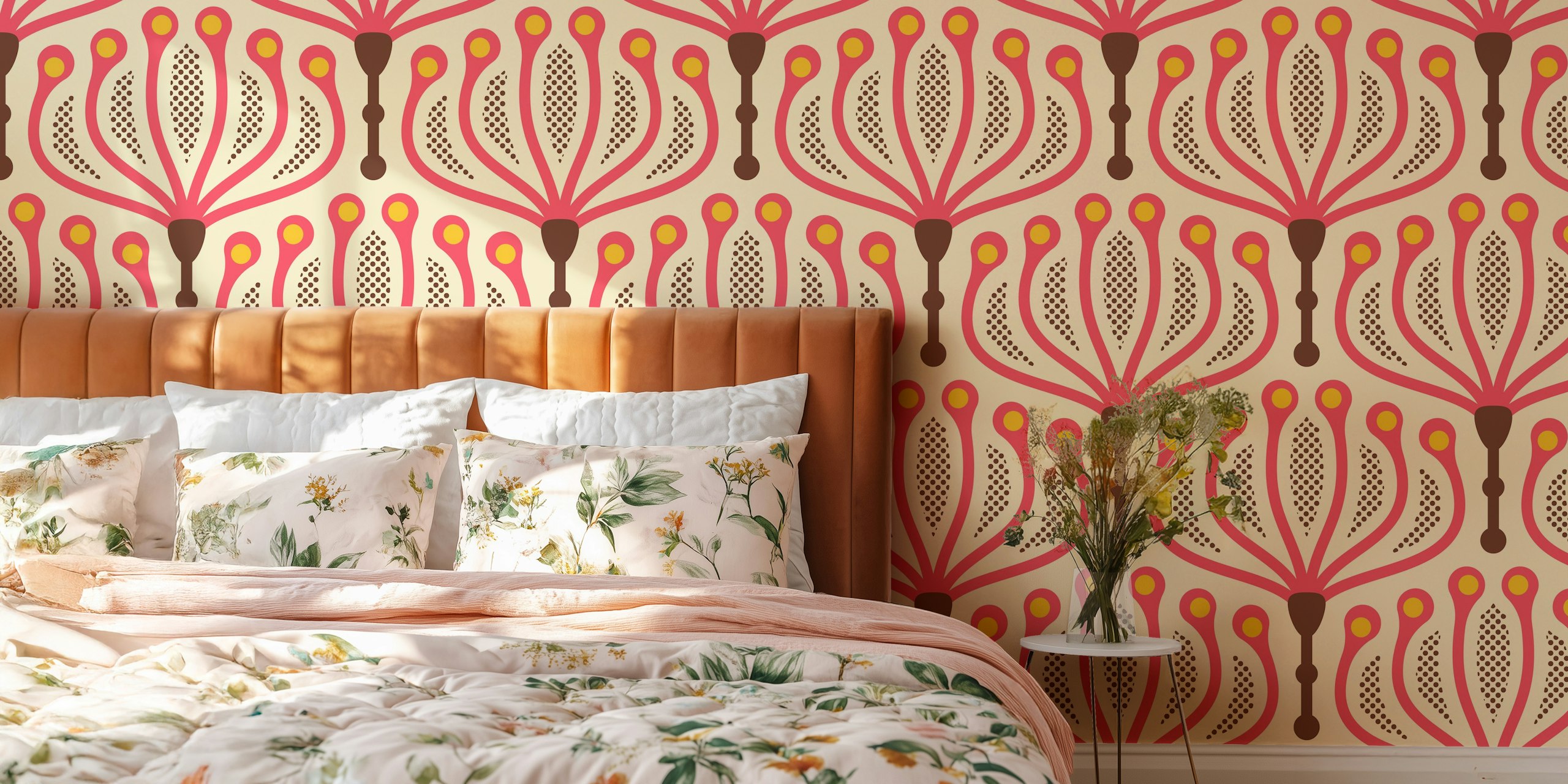 Floral geometry wallpaper i rosa och gult