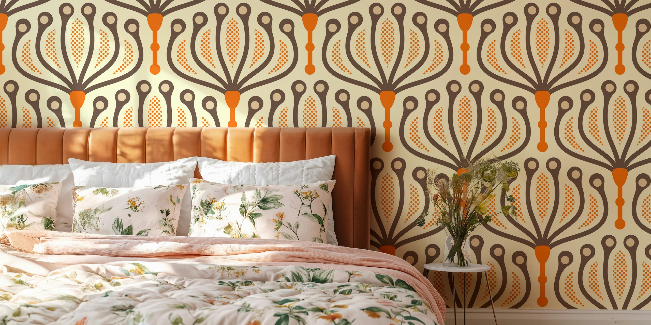 Floral geometric patterns in brown and orange tones wallpaper