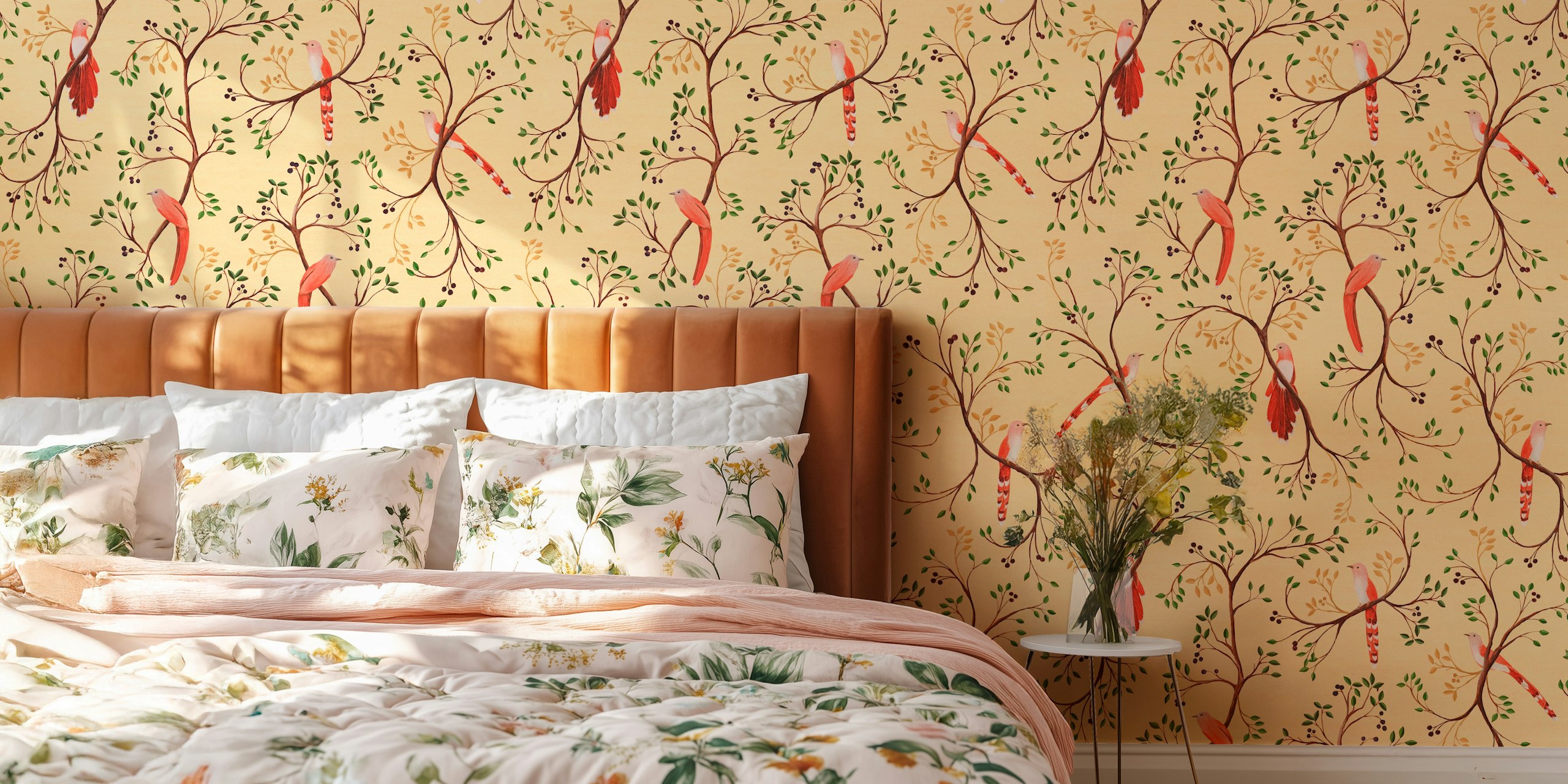 Tail Birds - Yellow papel de parede em um ambiente de quarto