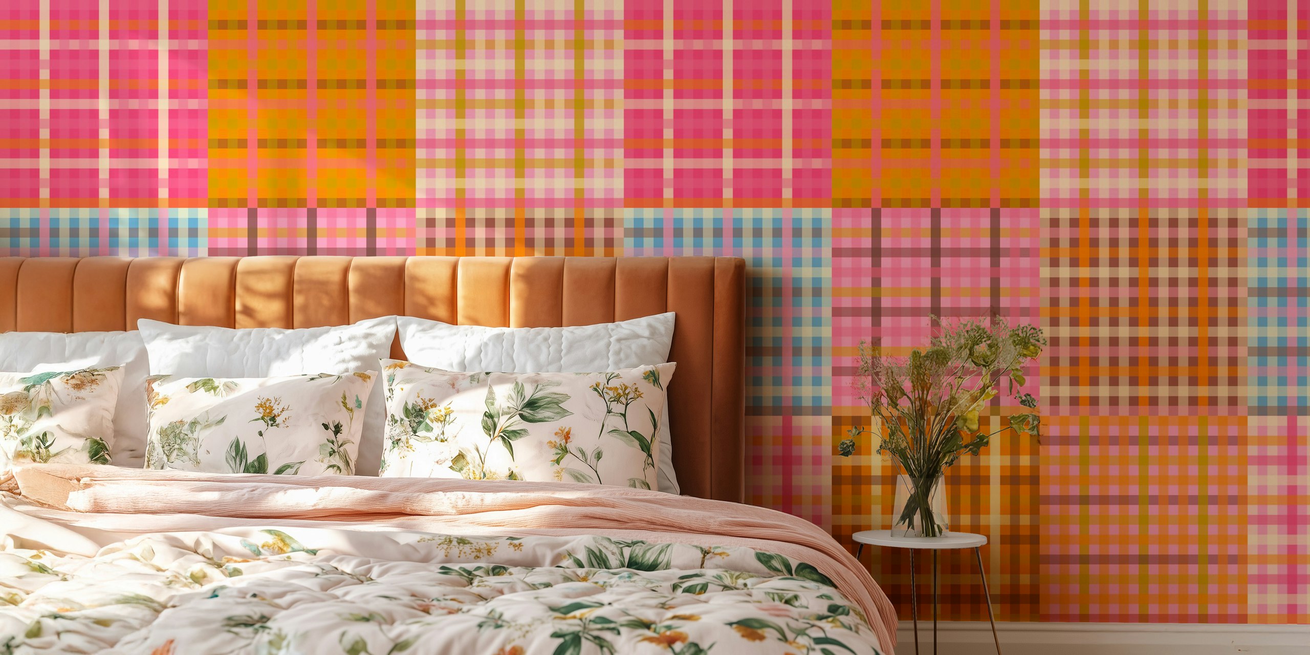 Papel de parede Cozy eclectic pink gingham plaid em um quarto