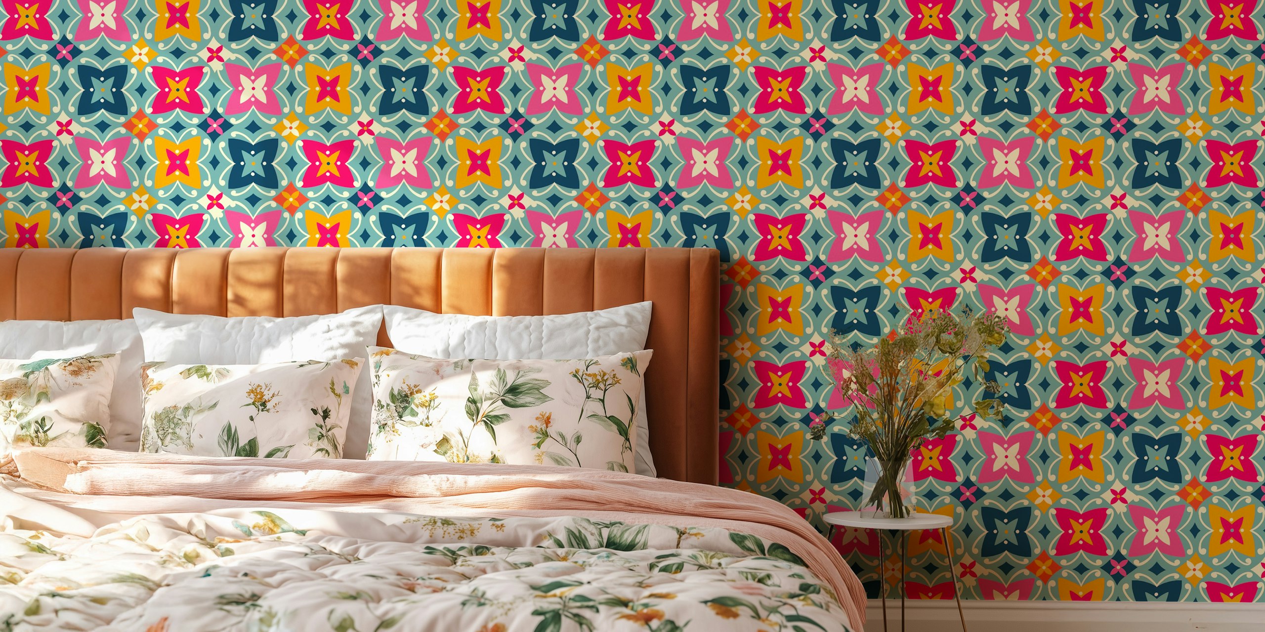 Folk art geometric flourishes wallpaper in a room