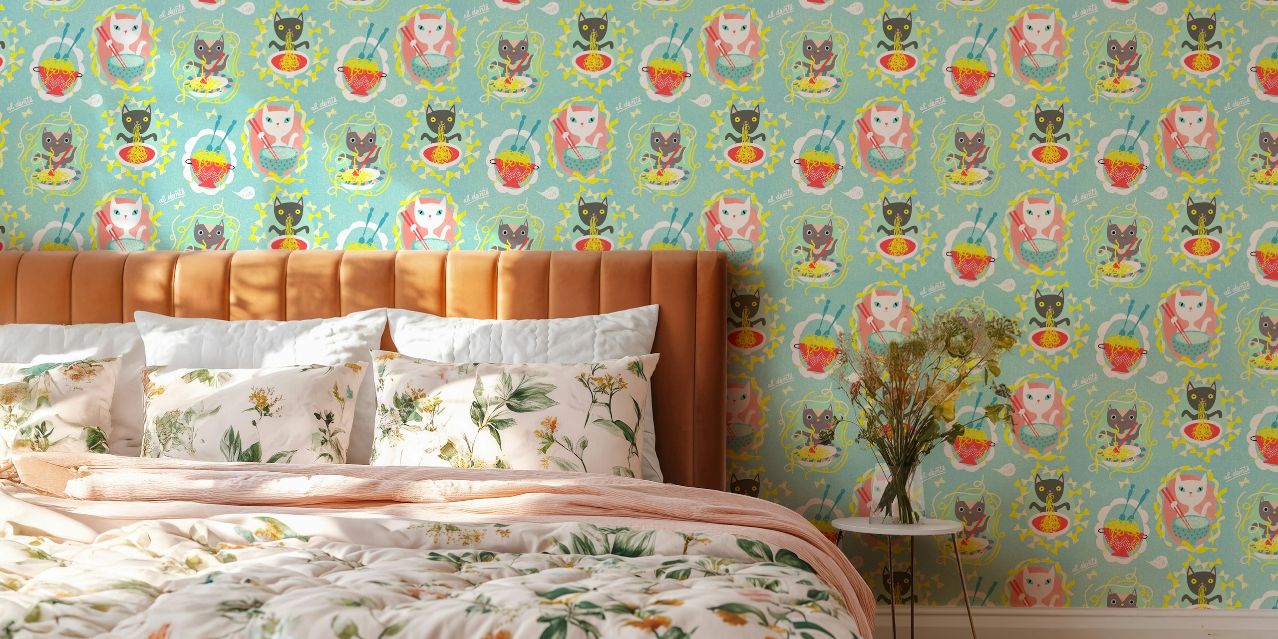 Cute cats eating noodles with colorful patterns wallpaper