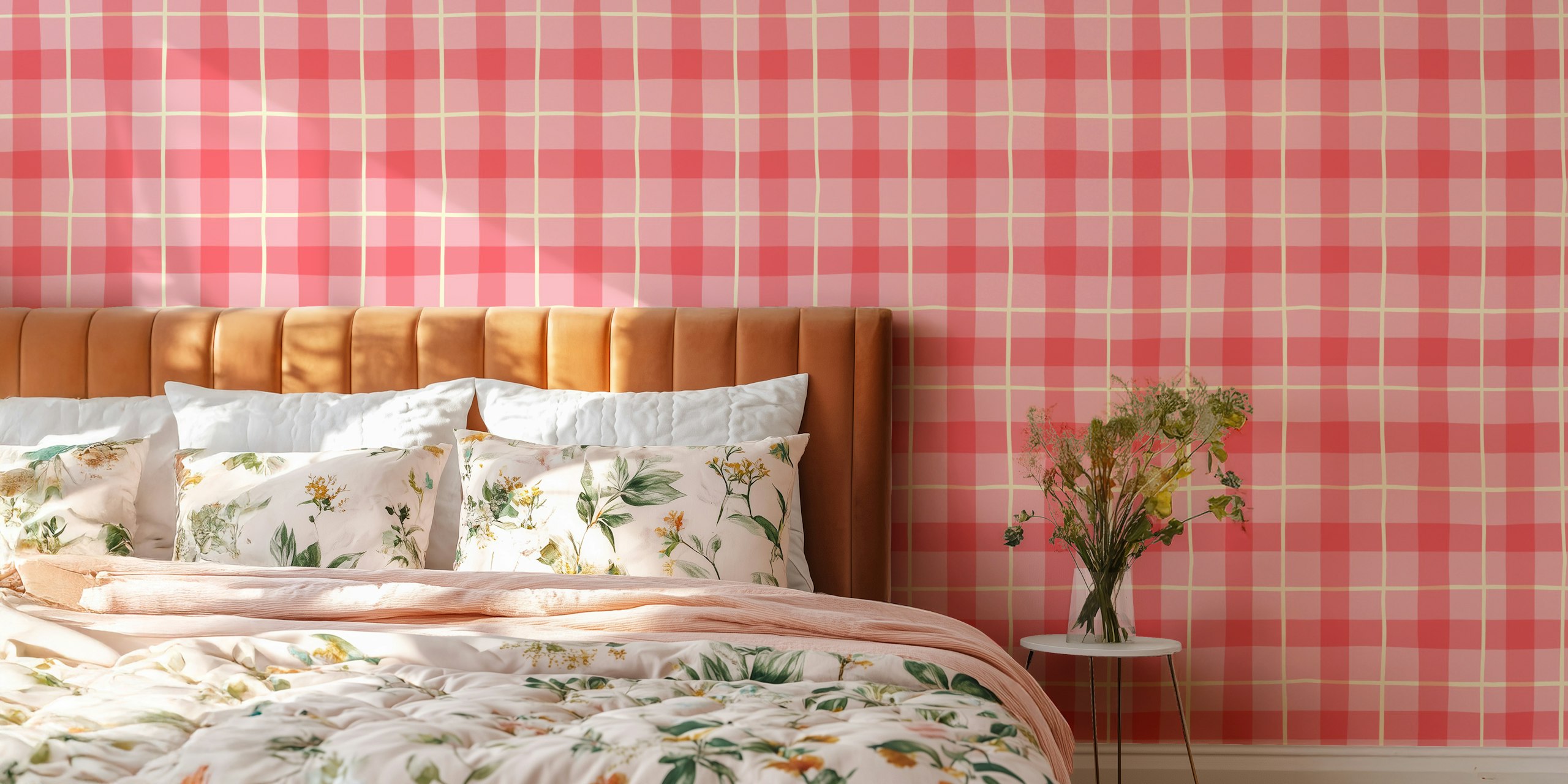 Carta da parati Pink gingham handdrawn plaid in una stanza
