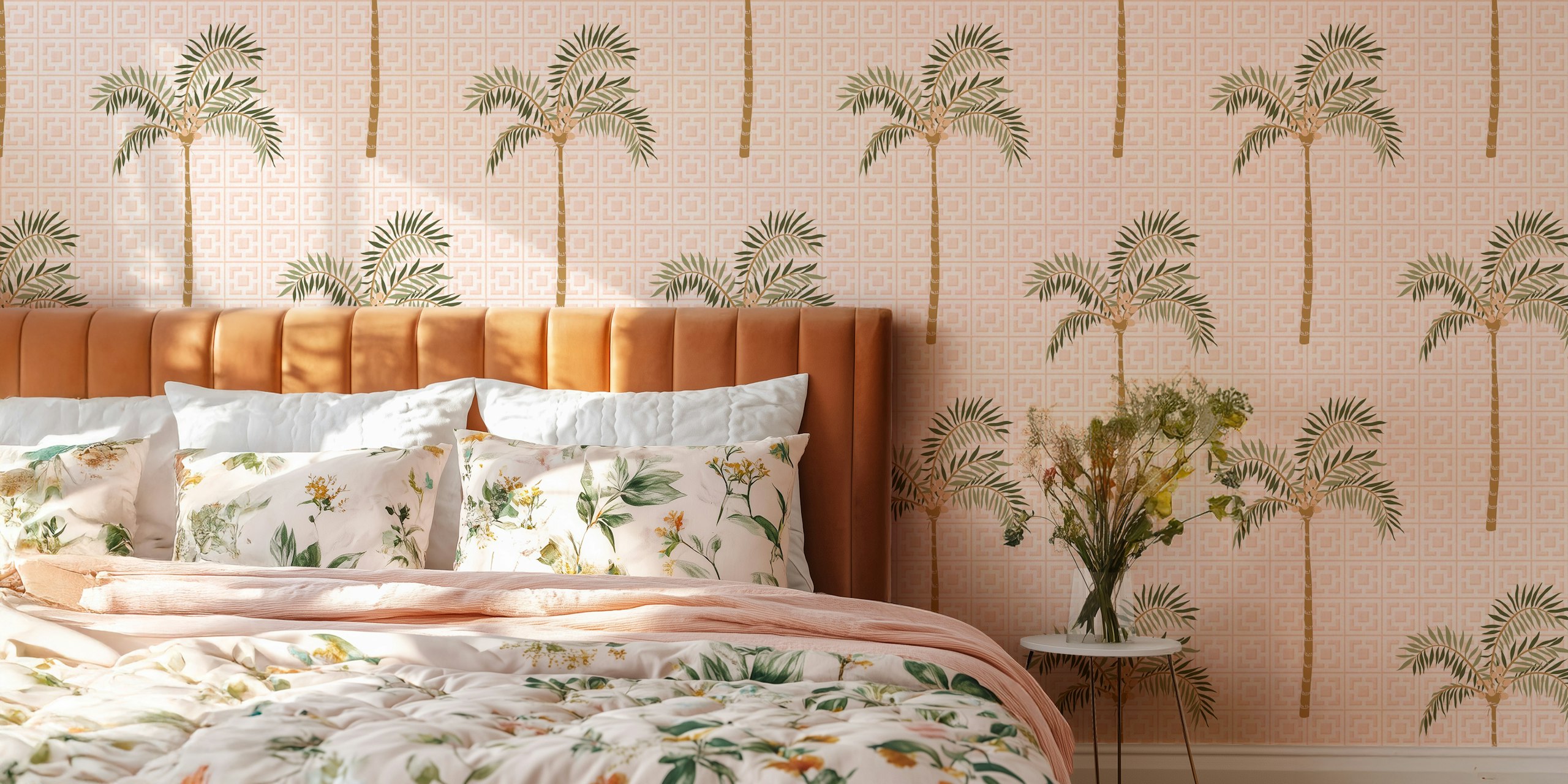Geometric palm trees on blush pink background wallpaper