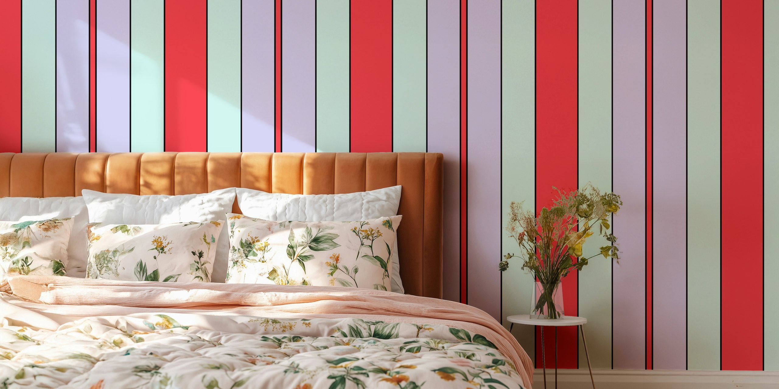 Striped wallpaper in coral, lilac, and mint green with black outlines.