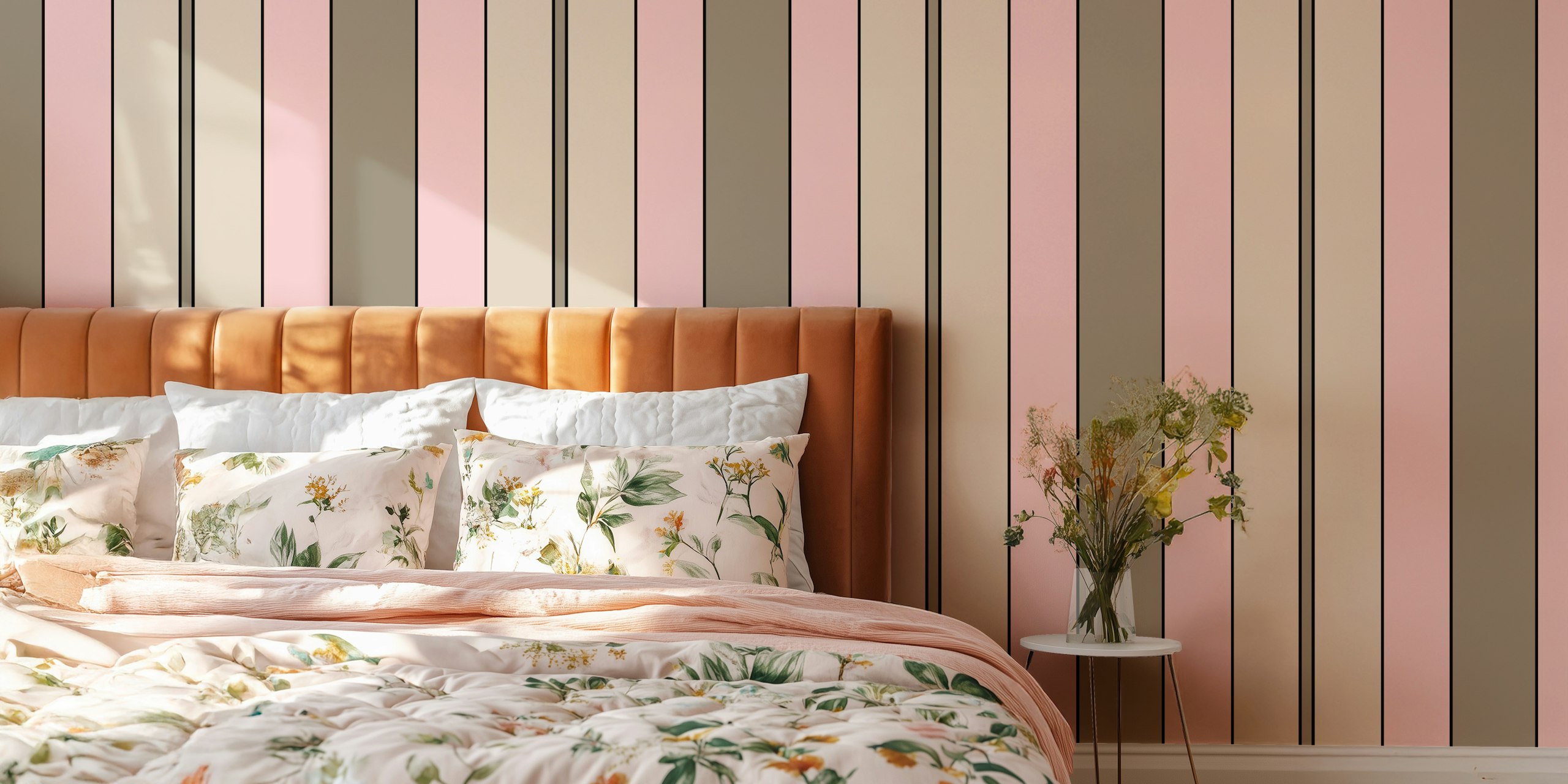 Muted Pink and Taupe Folk Stripes ταπετσαρία σε ένα δωμάτιο